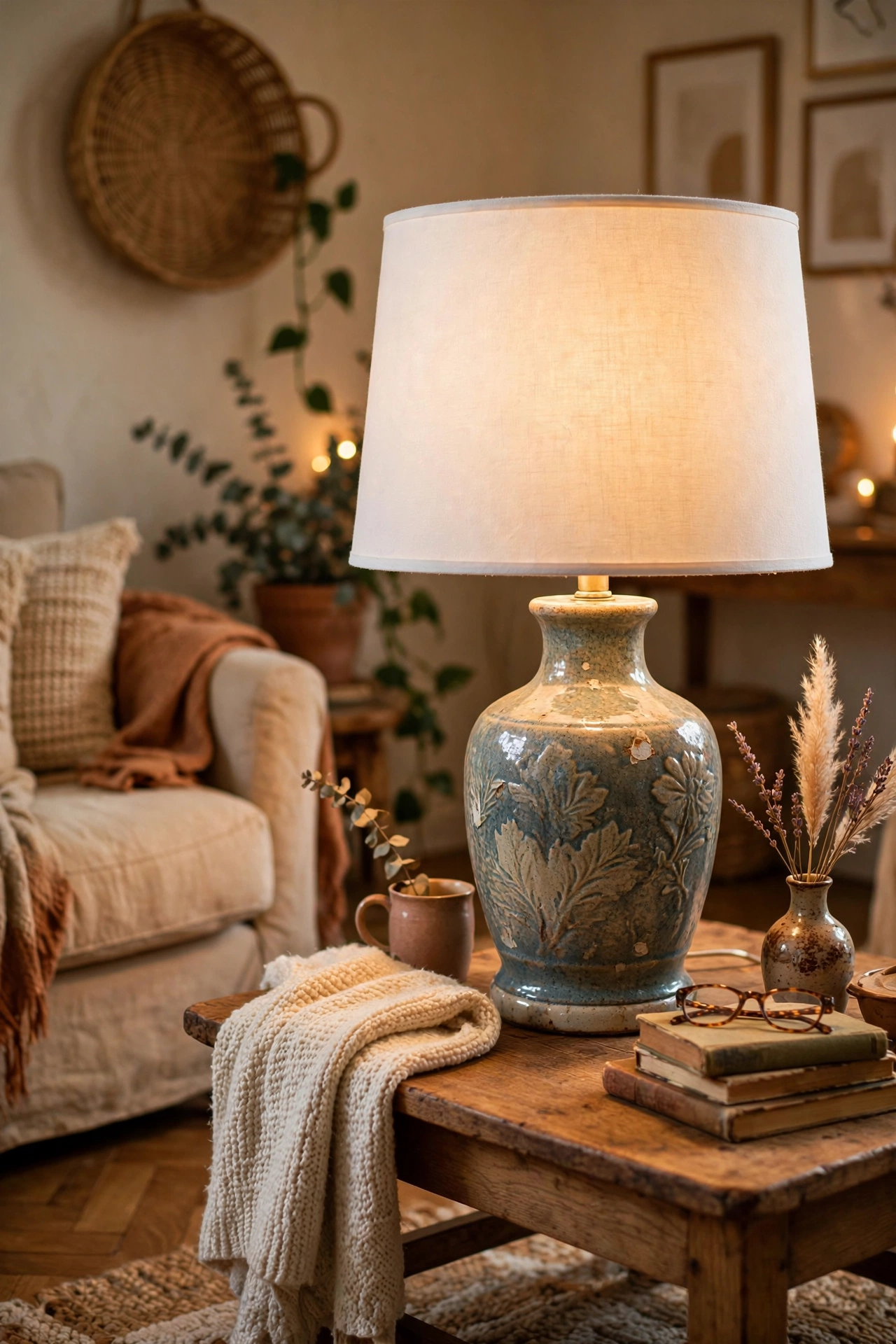 Thrifted ceramic table lamp base with a new drum shade in a living room