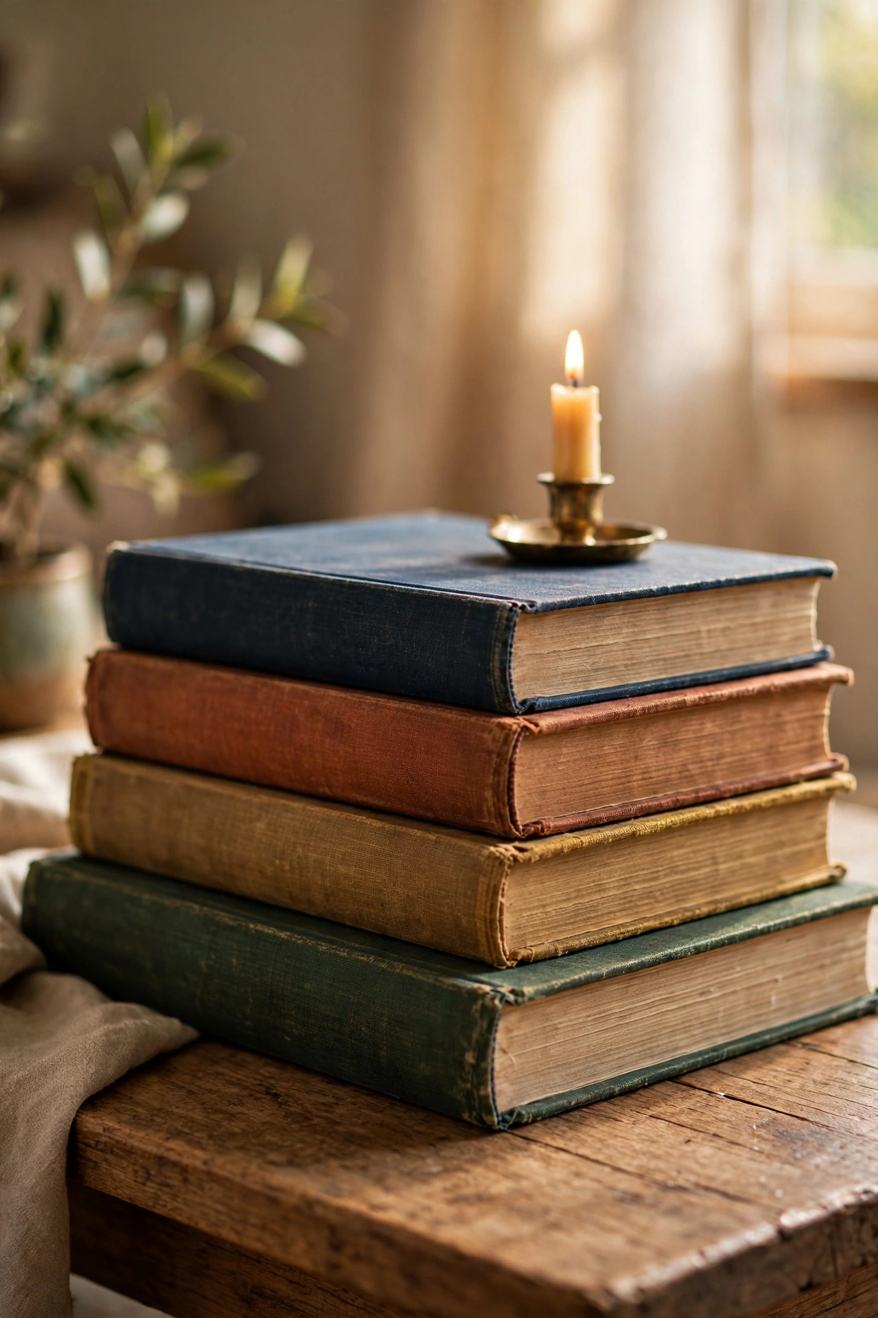 Stack of thrifted hardcover coffee table books styled on a living room table