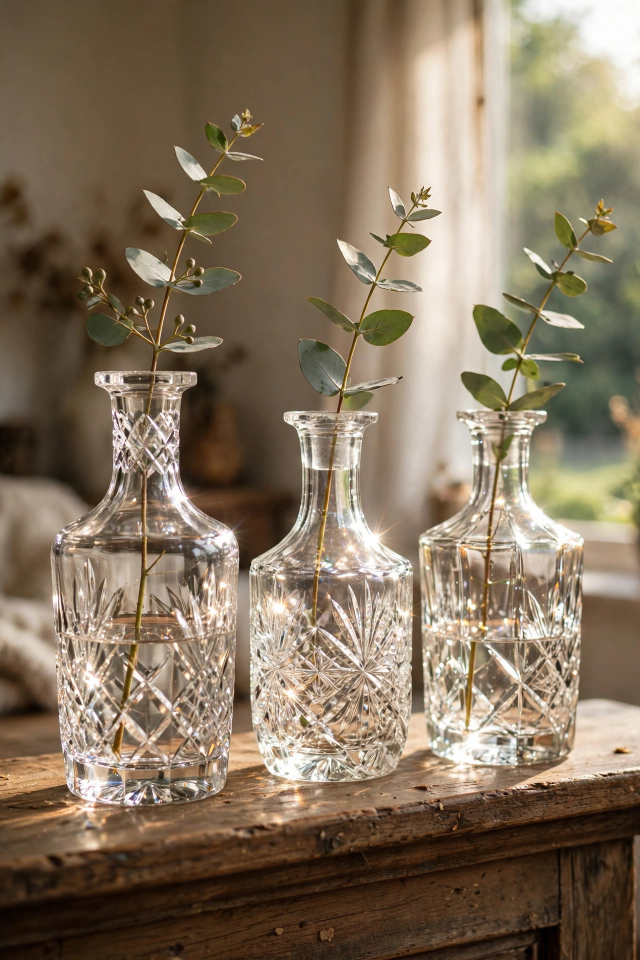 Cut glass decanters used as bud vases with eucalyptus on a mantel