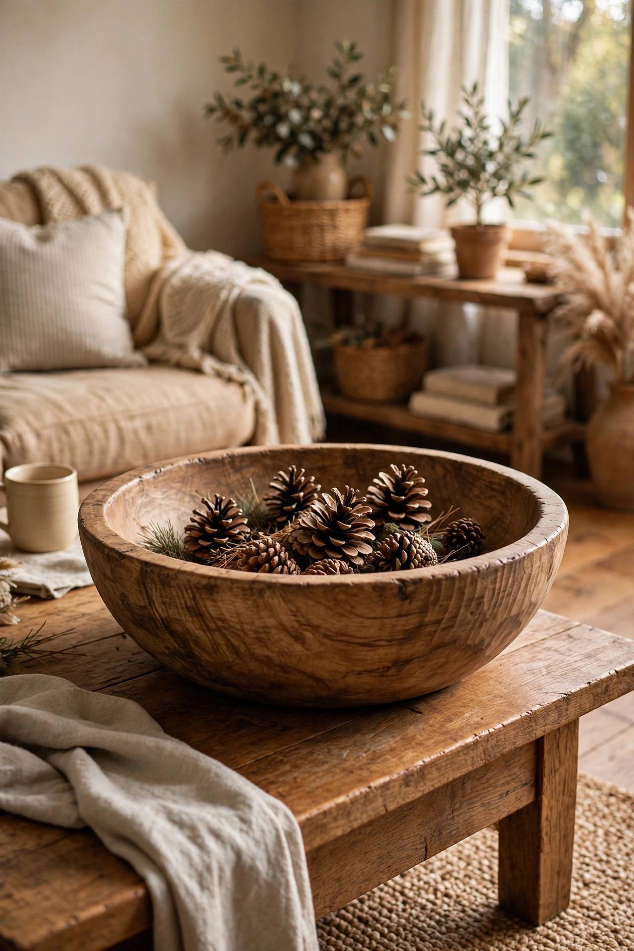 Hand turned wooden bowls thrifted as decor on a living room coffee table