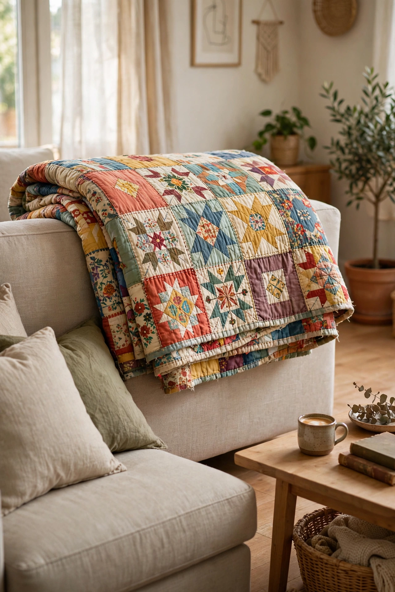 Hand stitched vintage quilt thrifted and folded over a sofa back