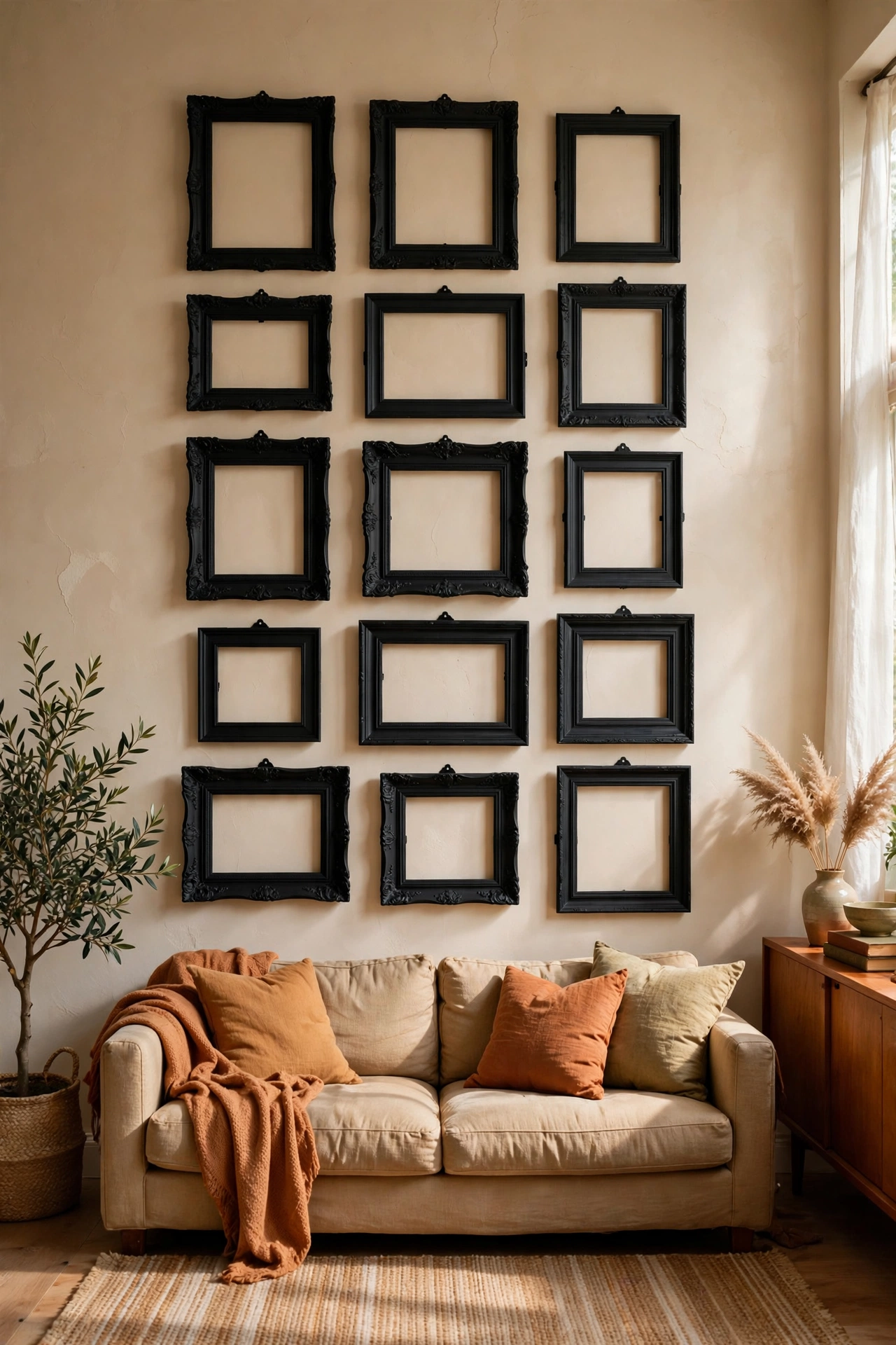 Gallery wall of thrifted frames spray painted black in a living room