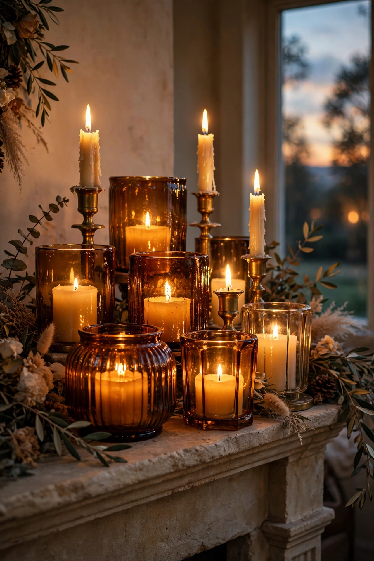 Heavy thrifted glass and brass candle holders on a living room mantel
