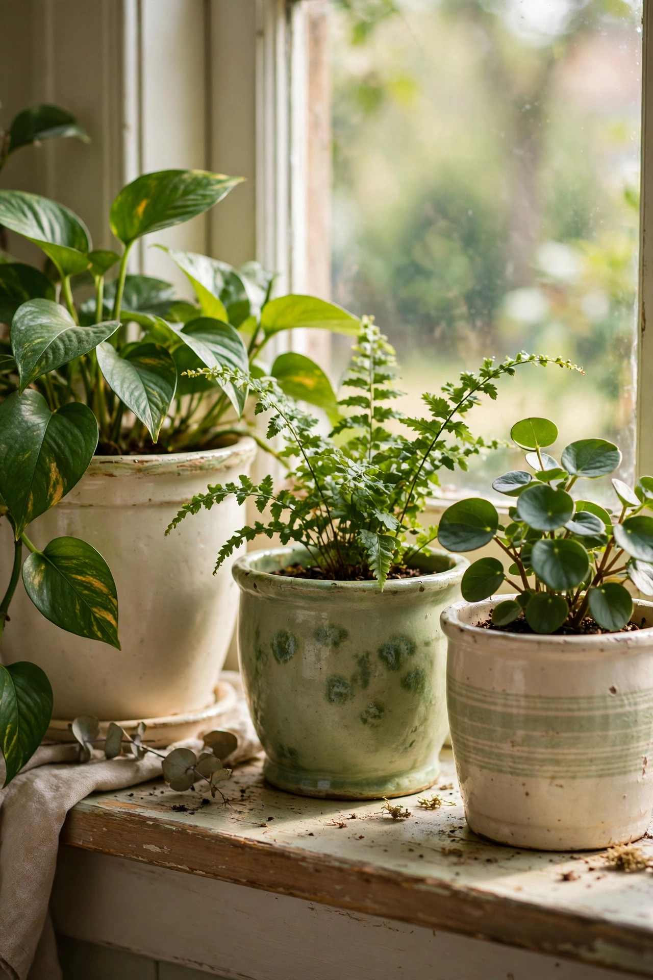 Thrifted ceramic cachepots holding green plants in a living room