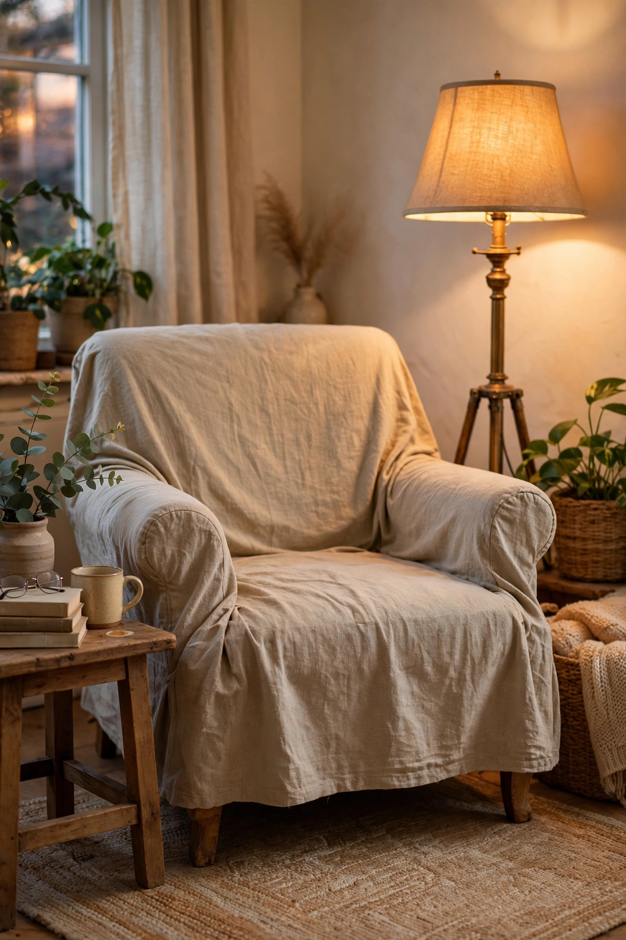 Thrifted armchair with good bones and a slipcover in a reading corner