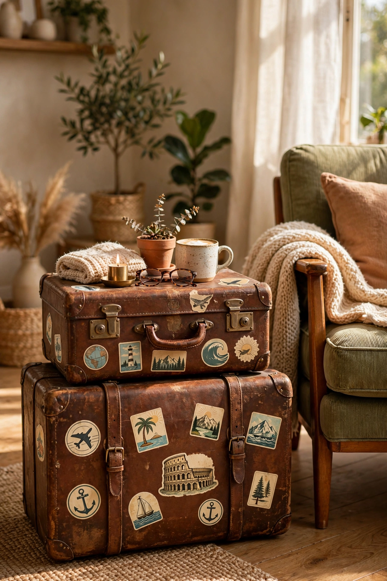 Vintage leather suitcases stacked as a side table in a living room