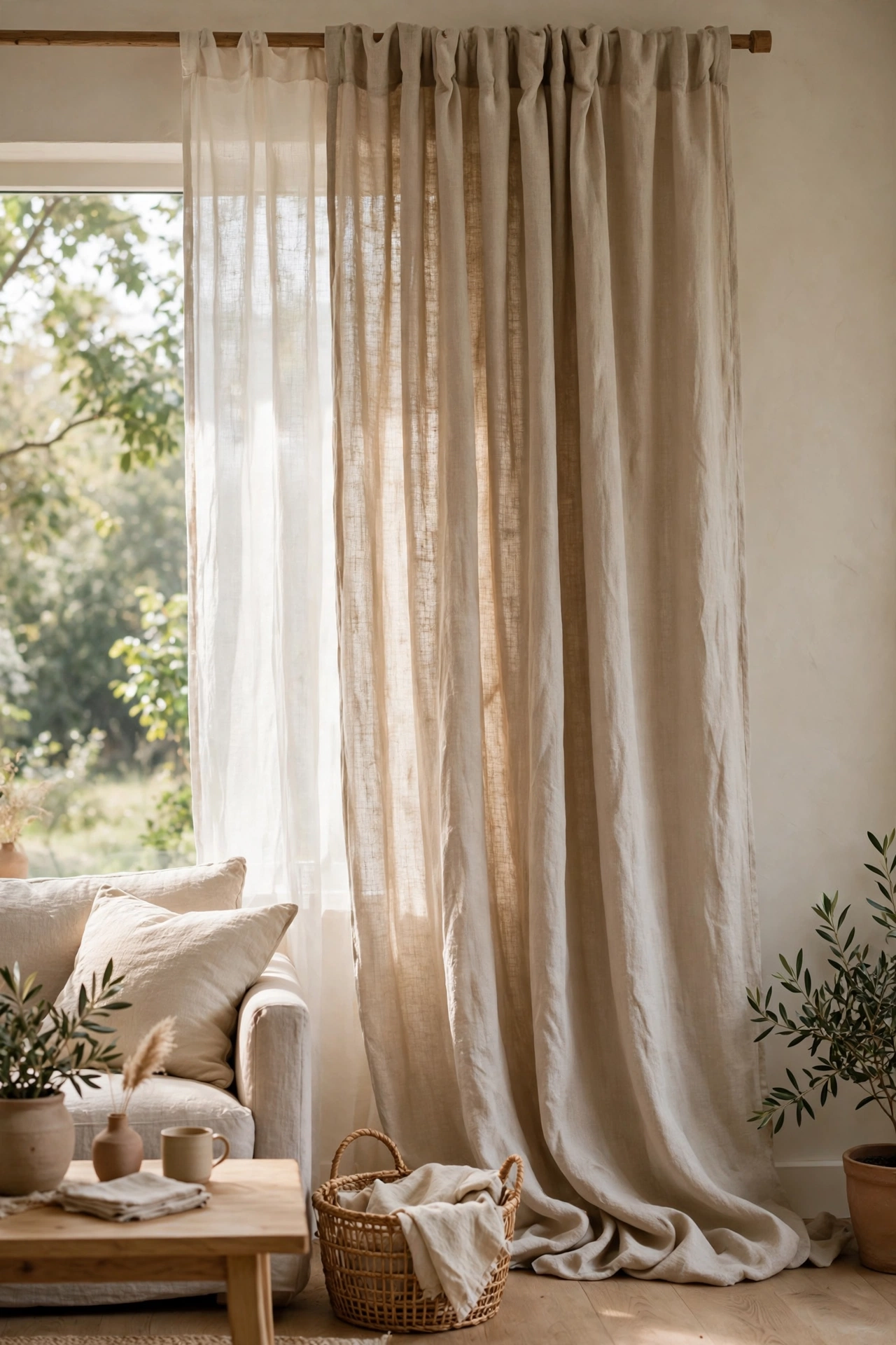 Thrifted natural linen curtain panels hanging in a living room