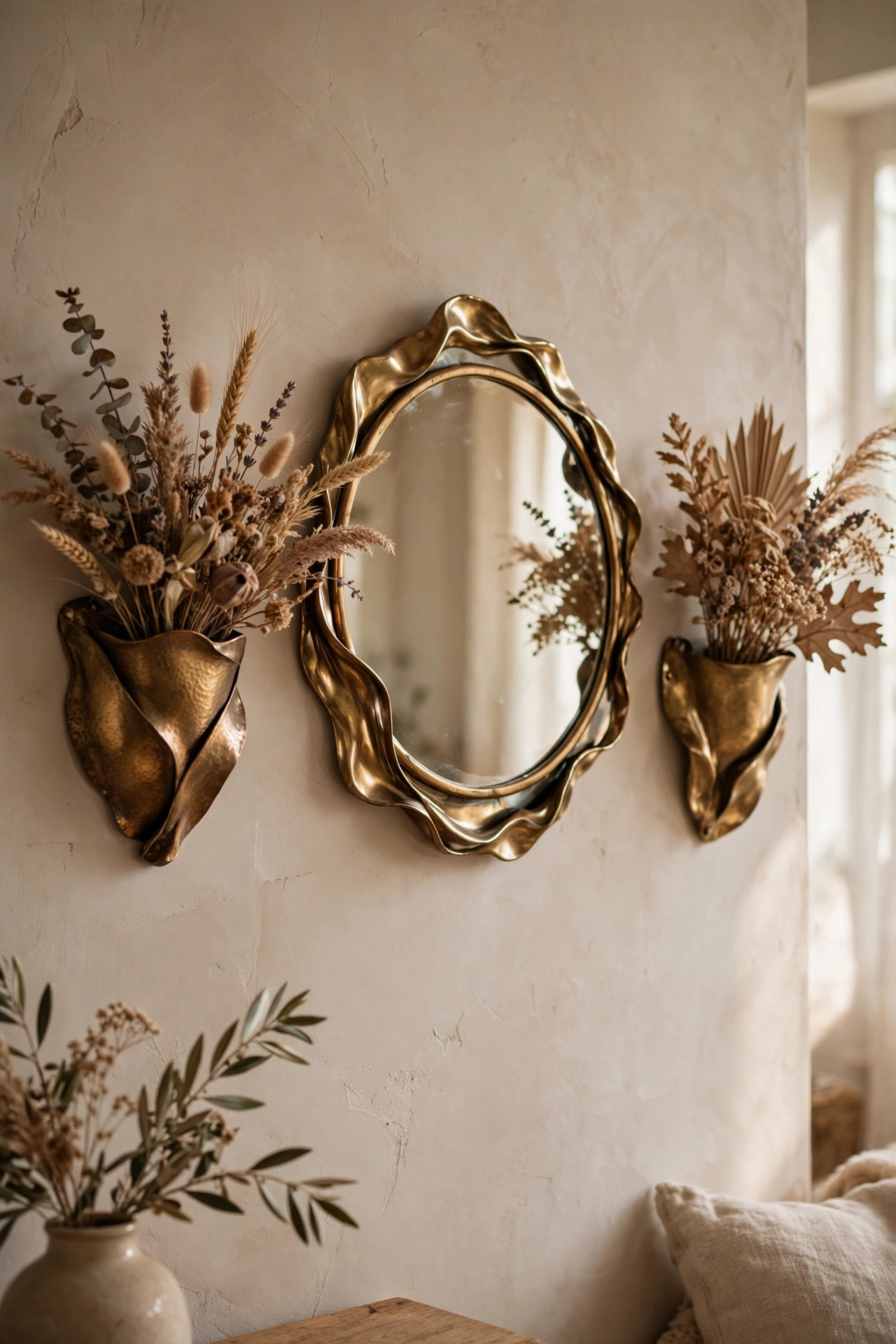 Vintage brass wall pockets hung as decor flanking a mirror