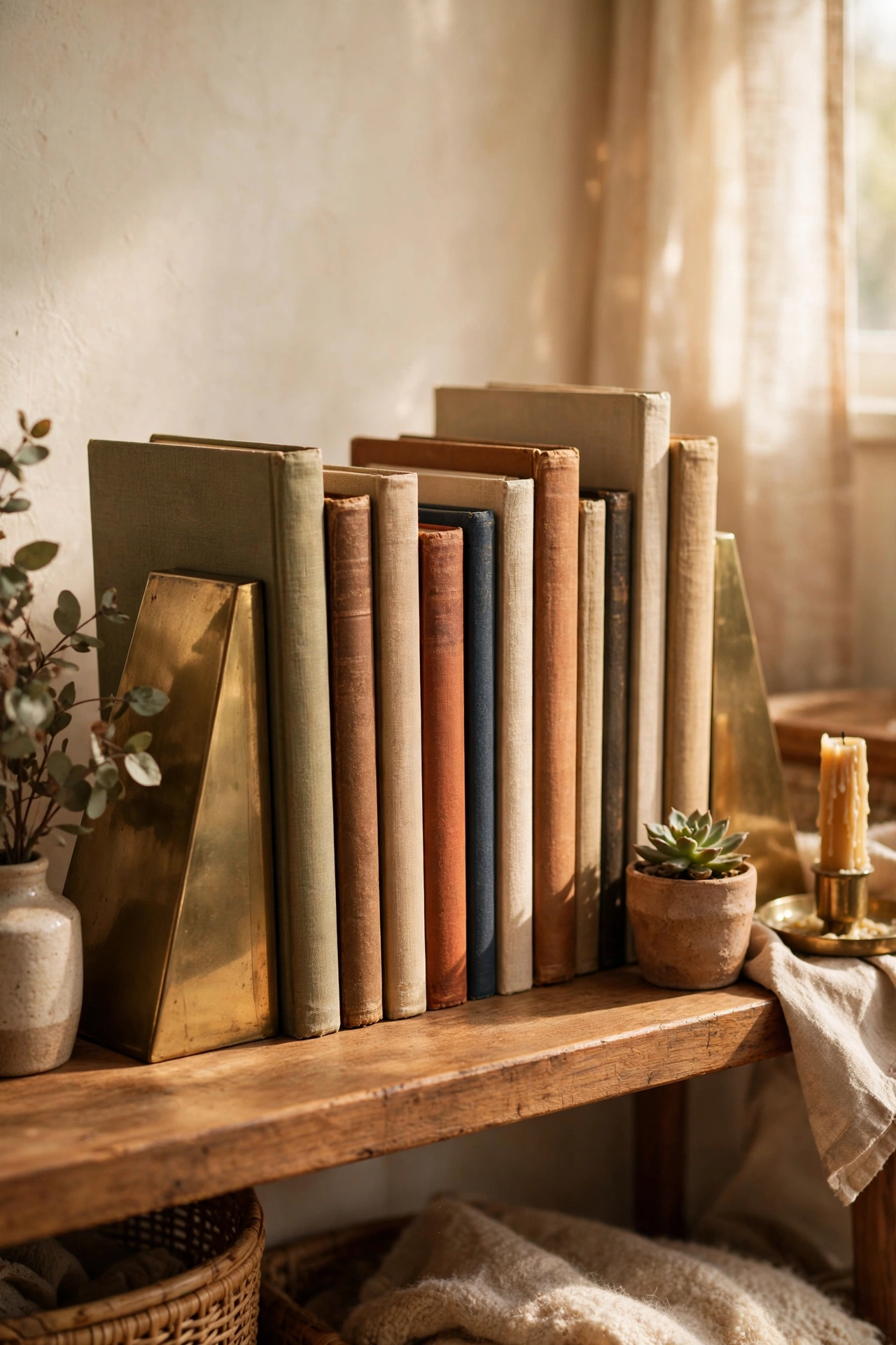 Heavy brass mid century bookends on a styled living room shelf