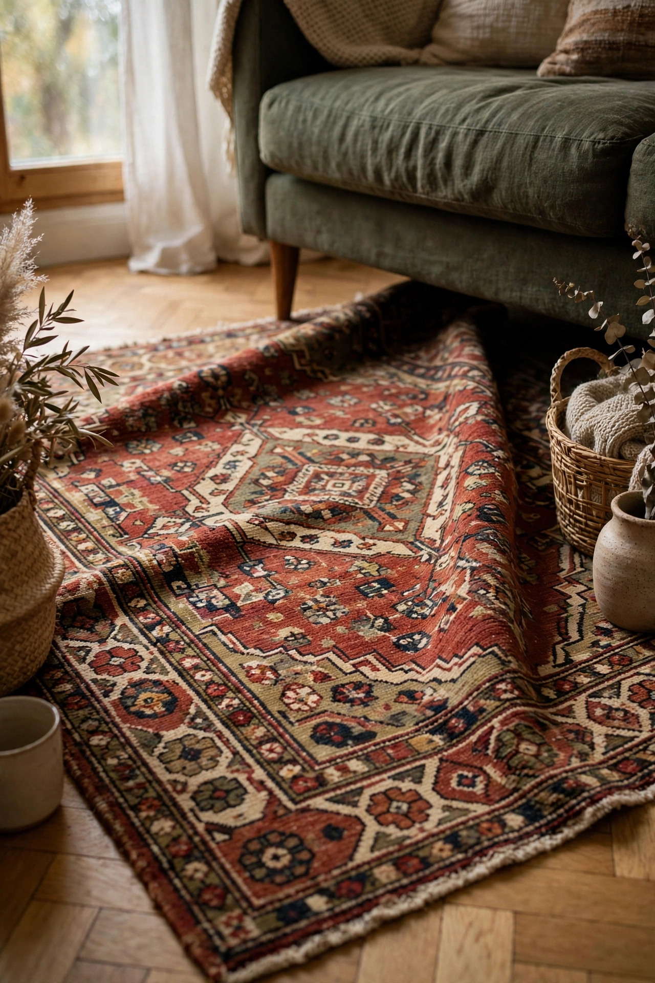 Thrifted wool area rug in a living room after cleaning