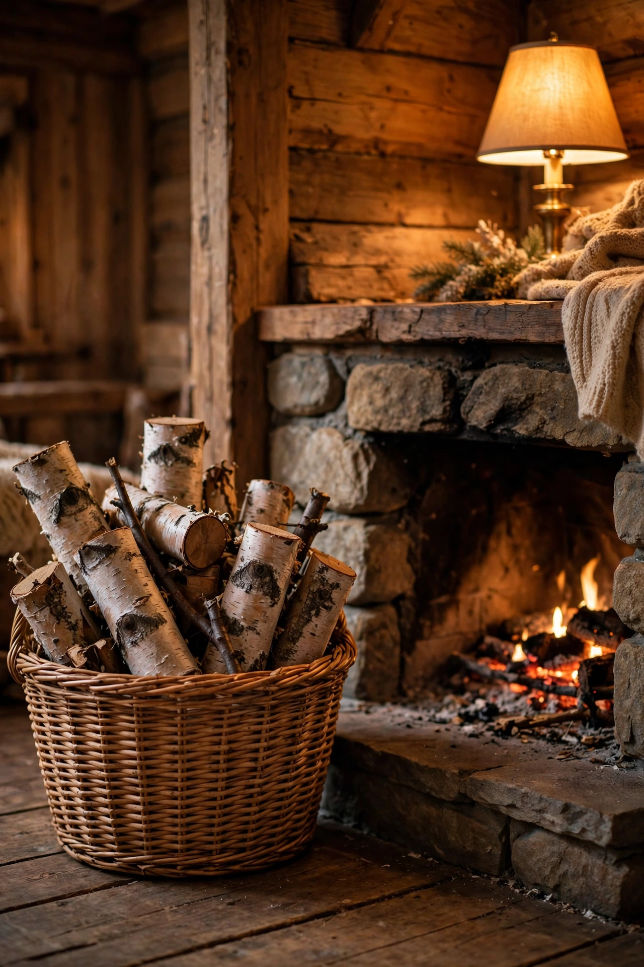 Basket of birch logs styled by a fireplace in a cozy living room