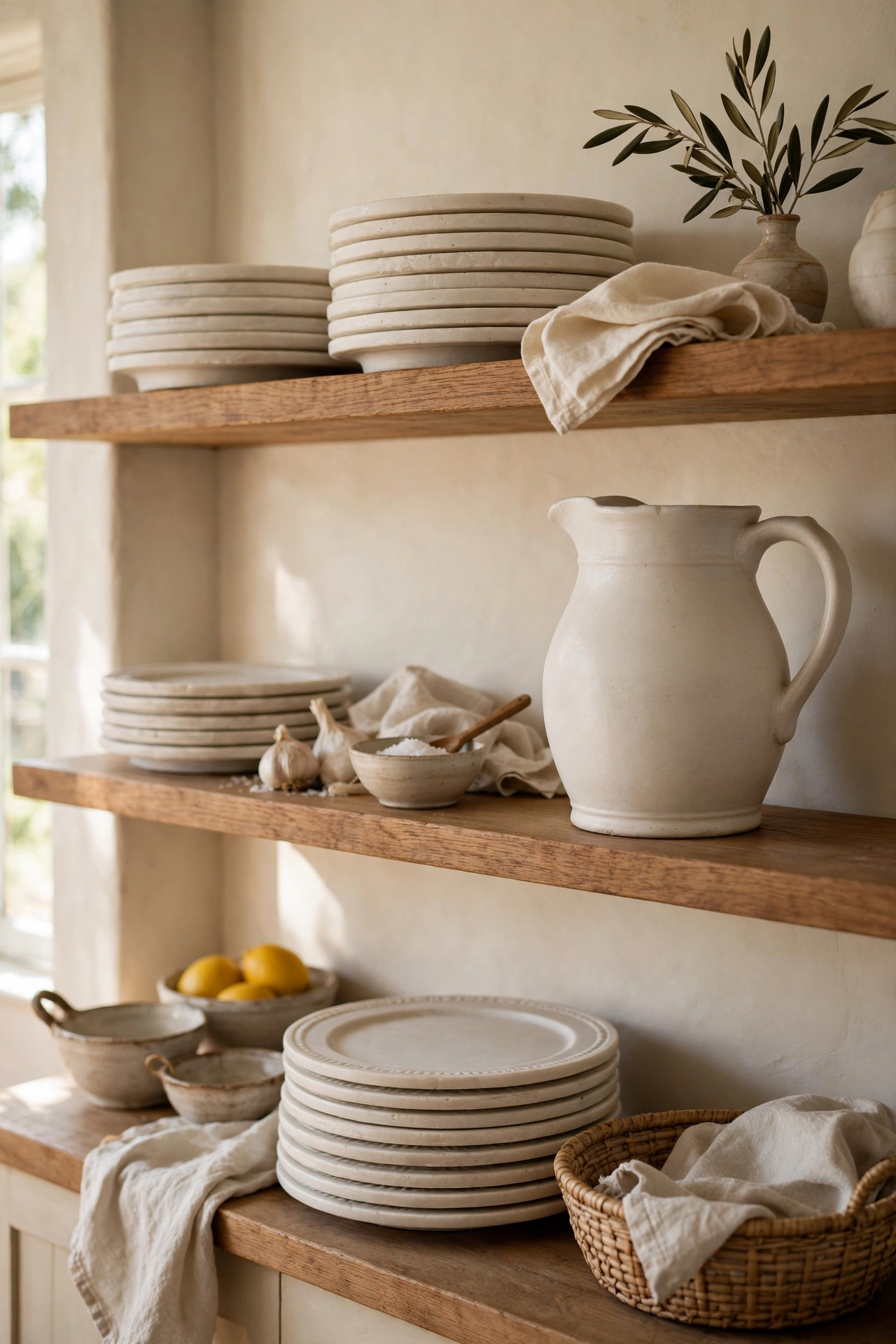 White ironstone platters and pitcher thrifted on open living room shelves