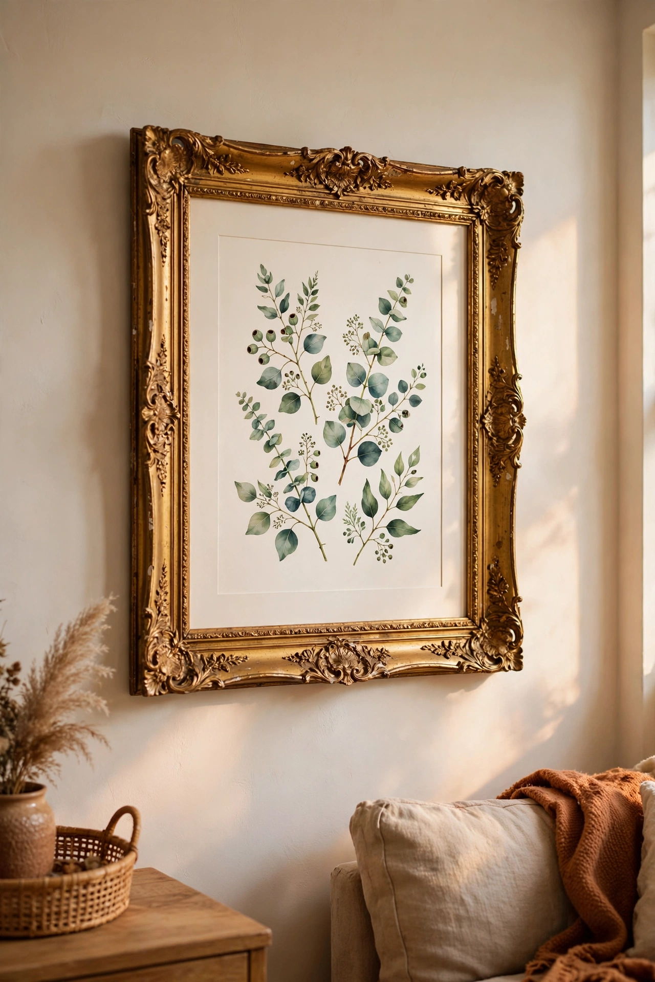 Ornate thrifted gold frame with new art print in a living room gallery wall