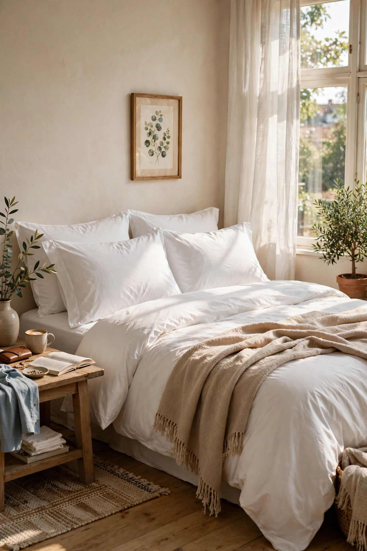 Bed with fresh ironed white cotton pillowcases