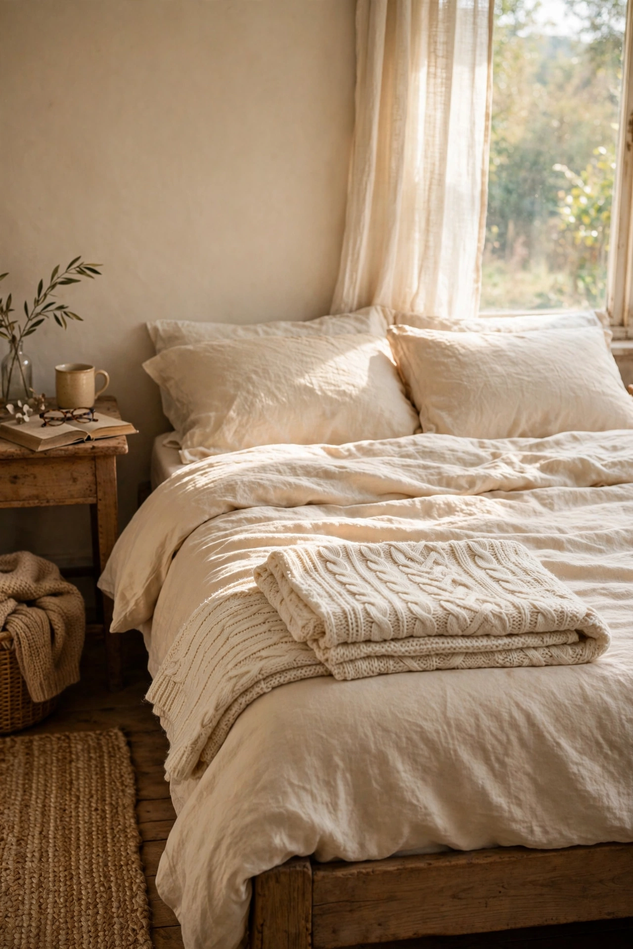 Cream knit thrifted throw folded across a bed