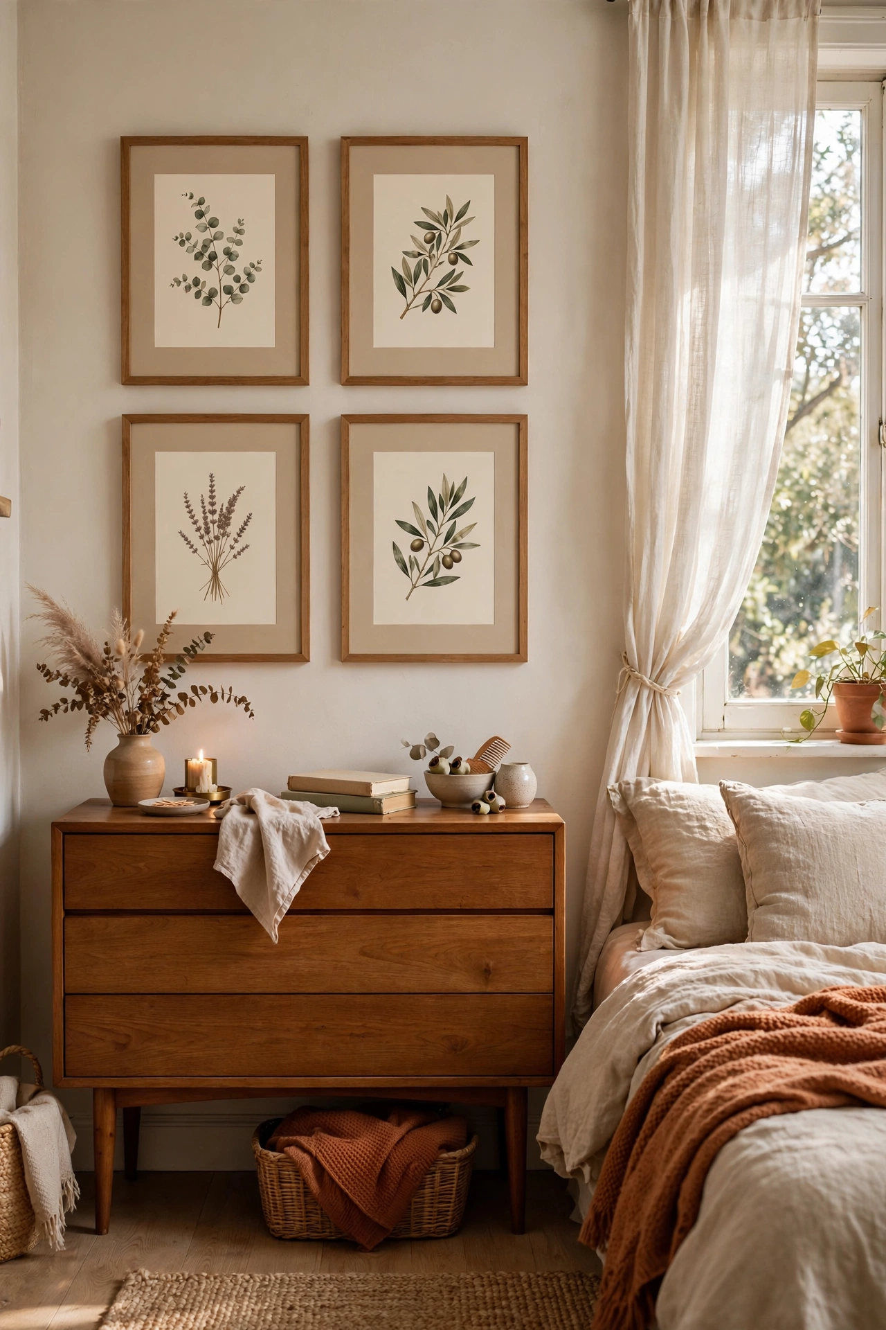 Four matching dollar store frames with free art over a dresser