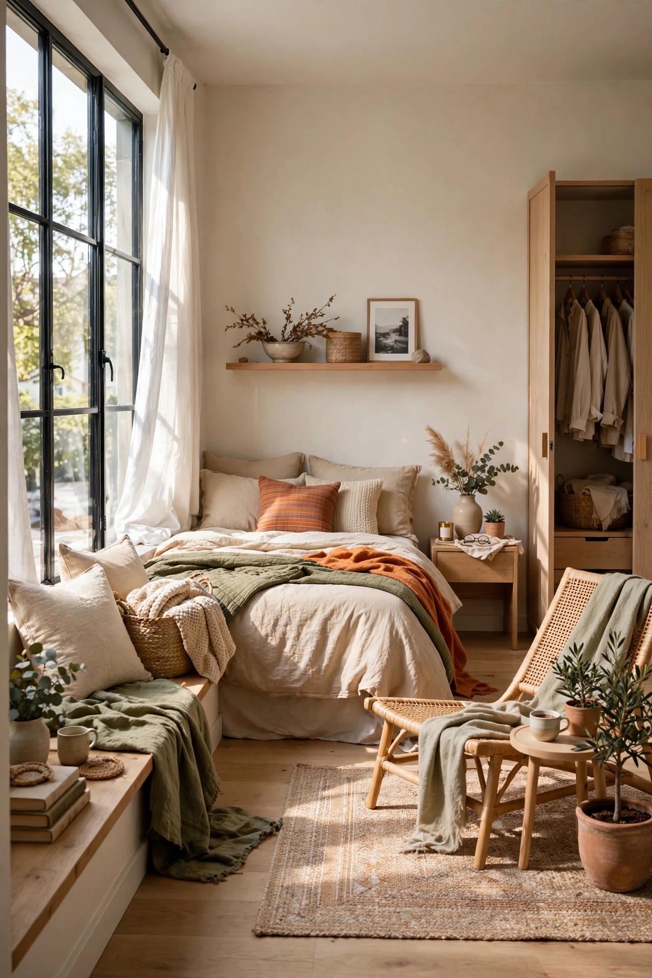 Bedroom with furniture rearranged, bed on the longest wall