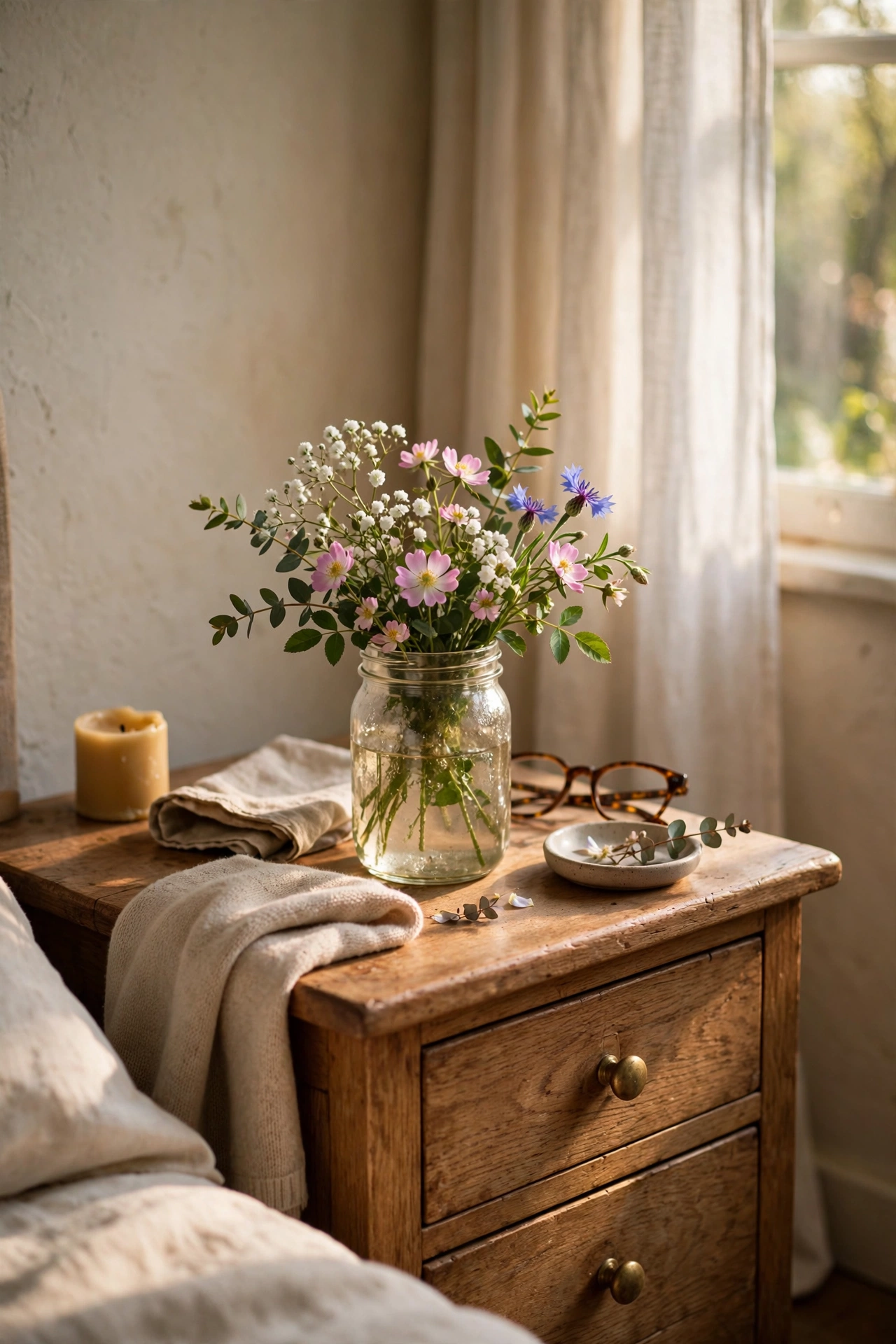 Small grocery flower bouquet in a jam jar on a nightstand