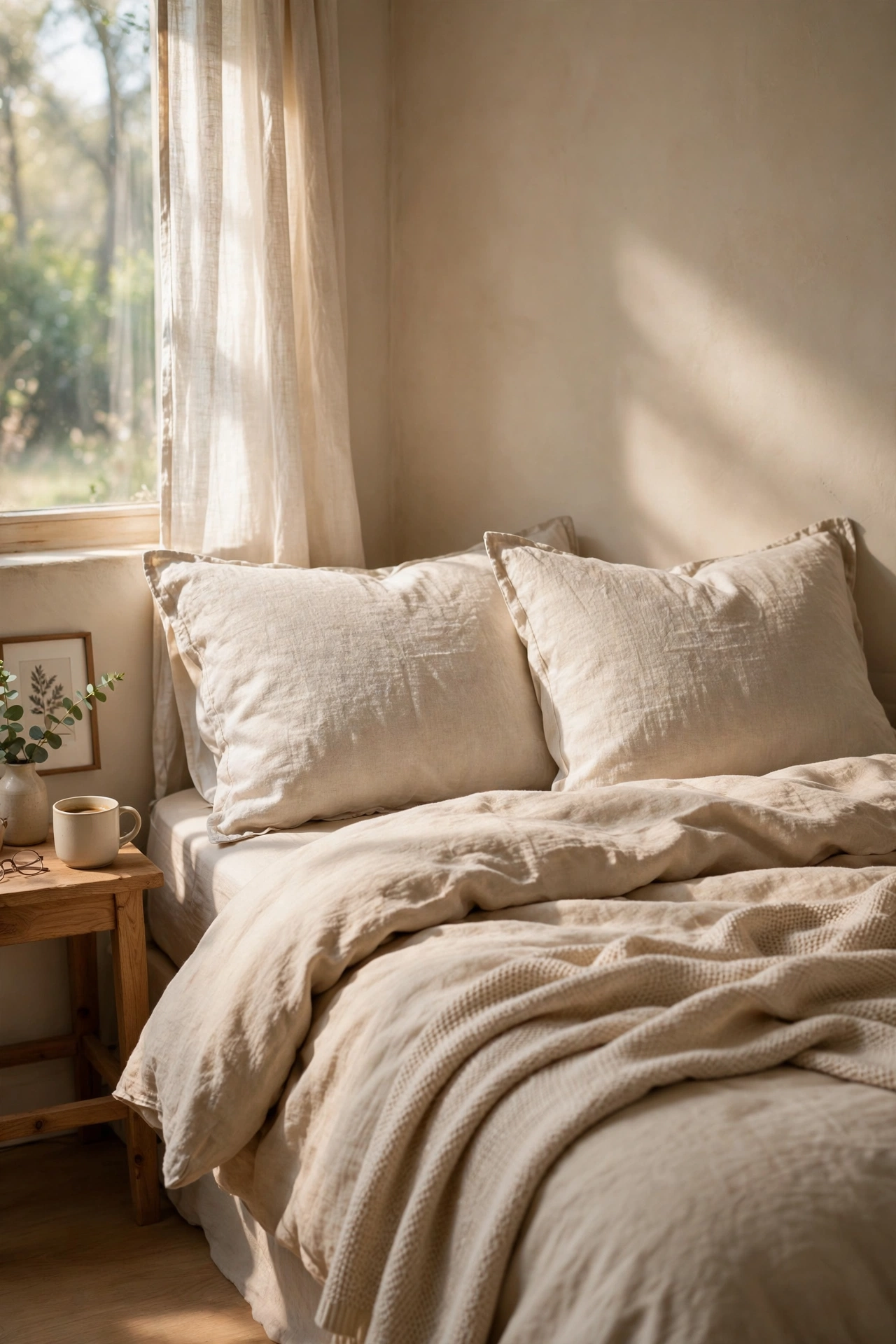 Bed with new linen-look pillow covers in neutral tones