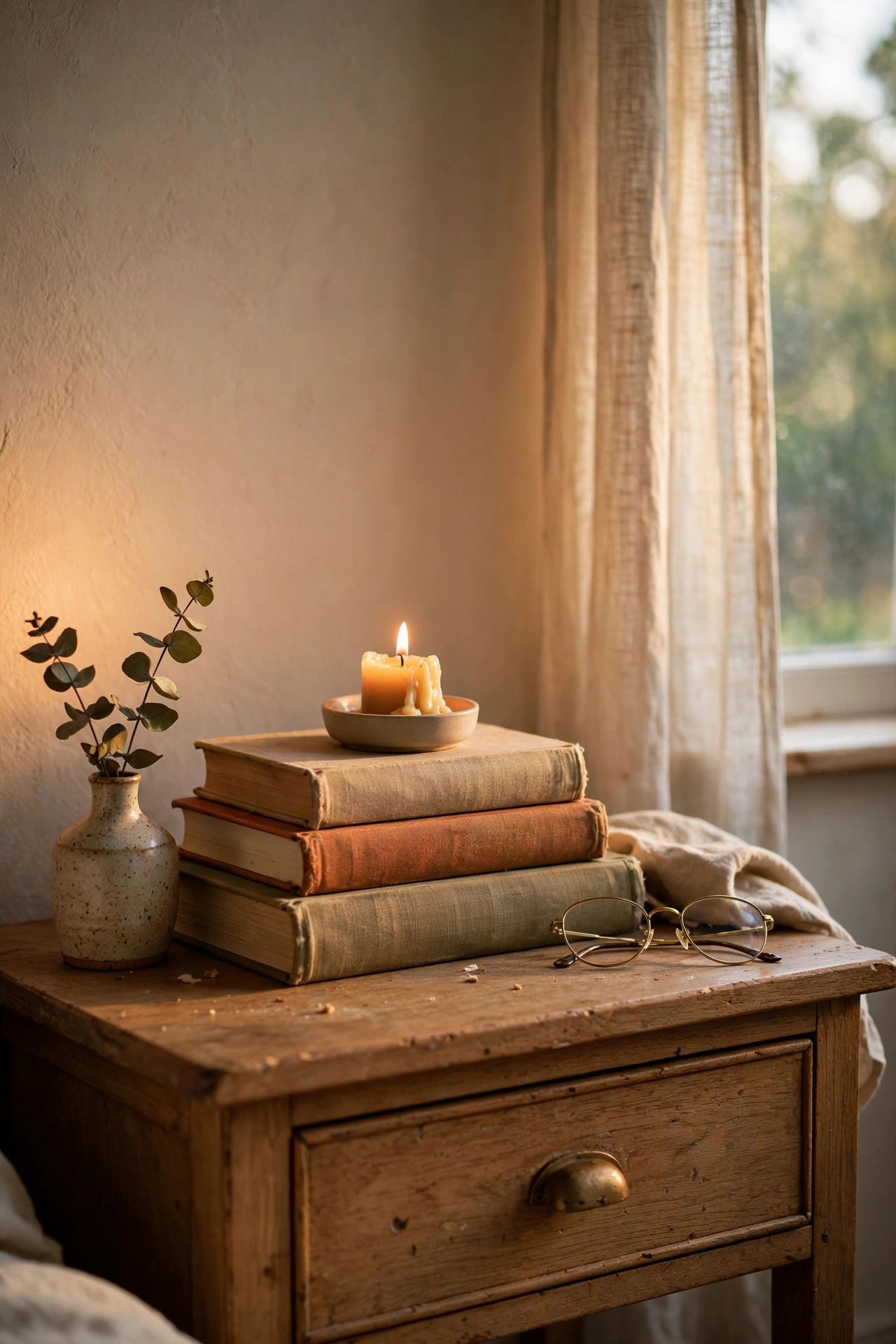 Stack of hardcover books with a candle on a nightstand