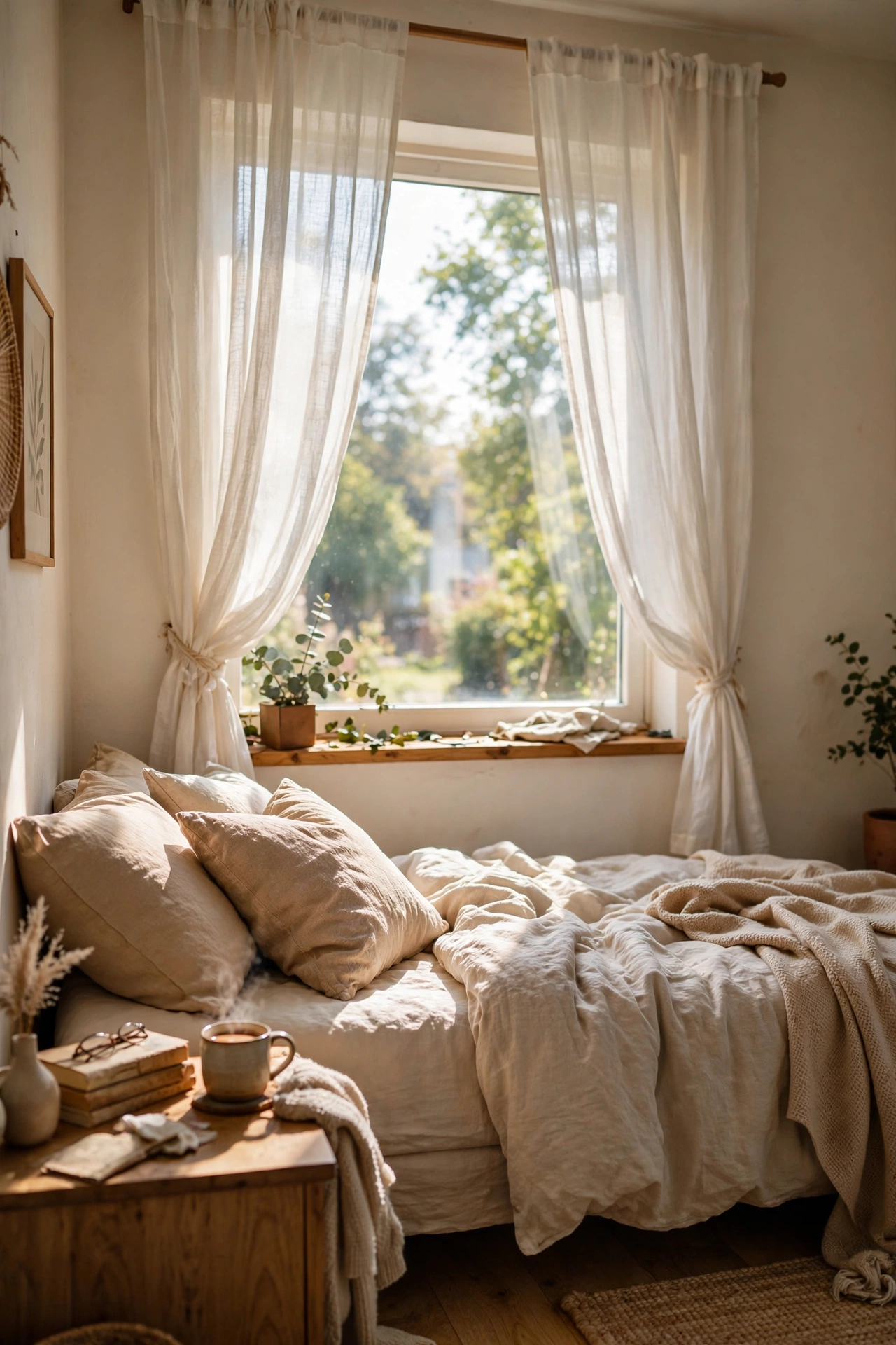 Clearance linen-look curtain panels hung high on a bedroom window