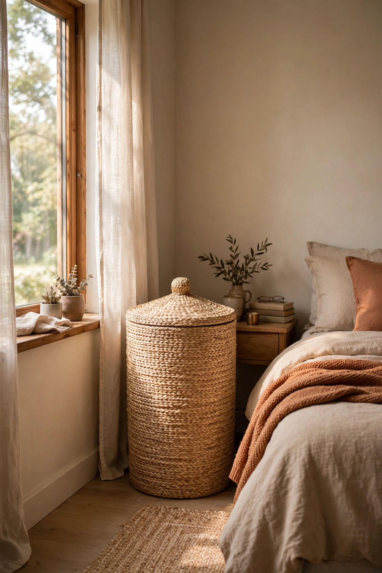 Tall lidded seagrass basket hiding clutter in a bedroom corner
