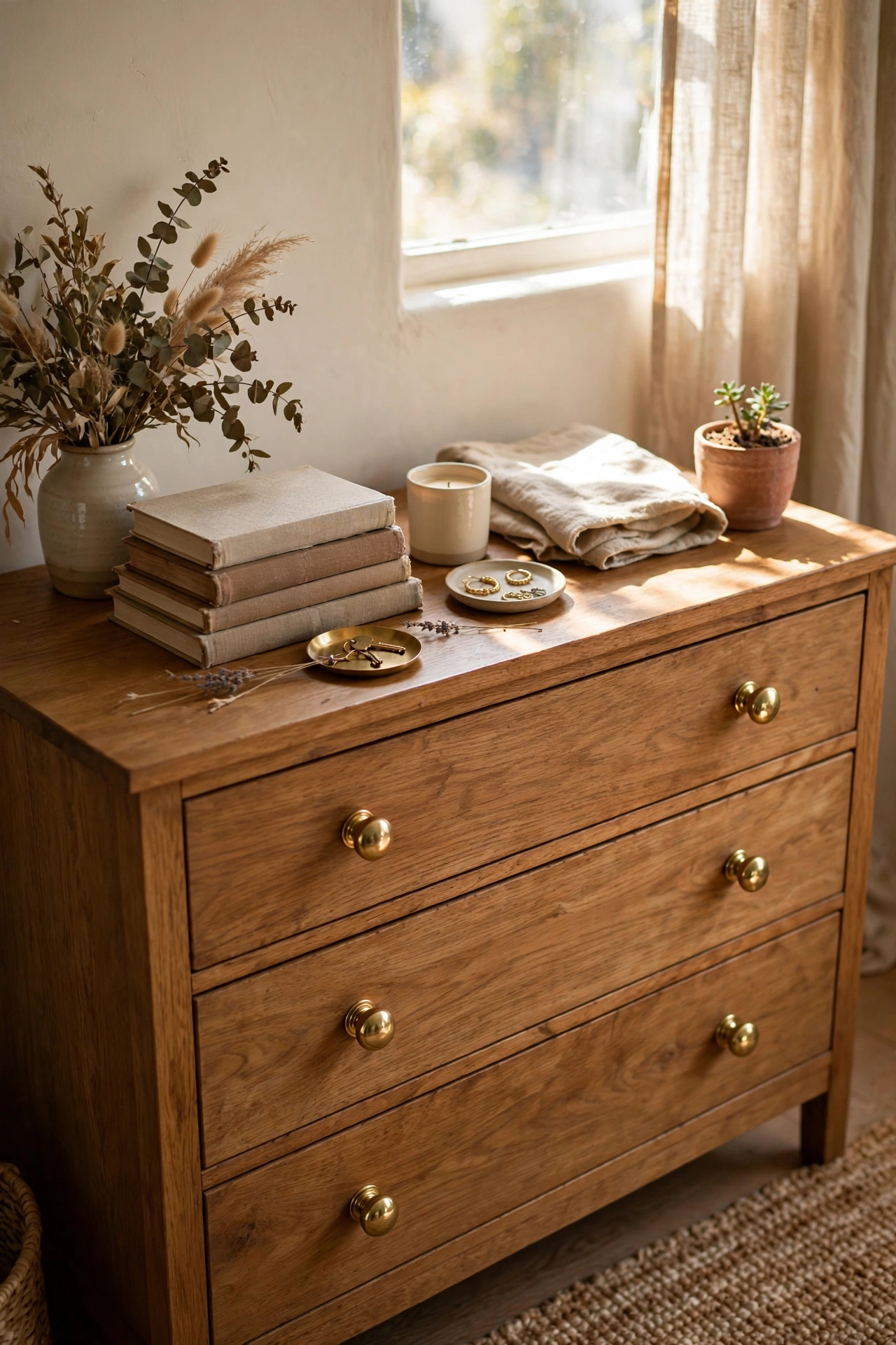 Dresser with new simple brass drawer knobs