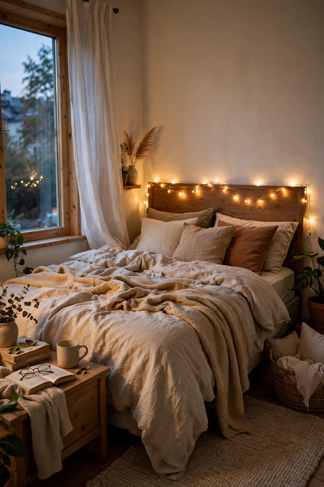 Warm fairy lights draped along a headboard glowing in the evening