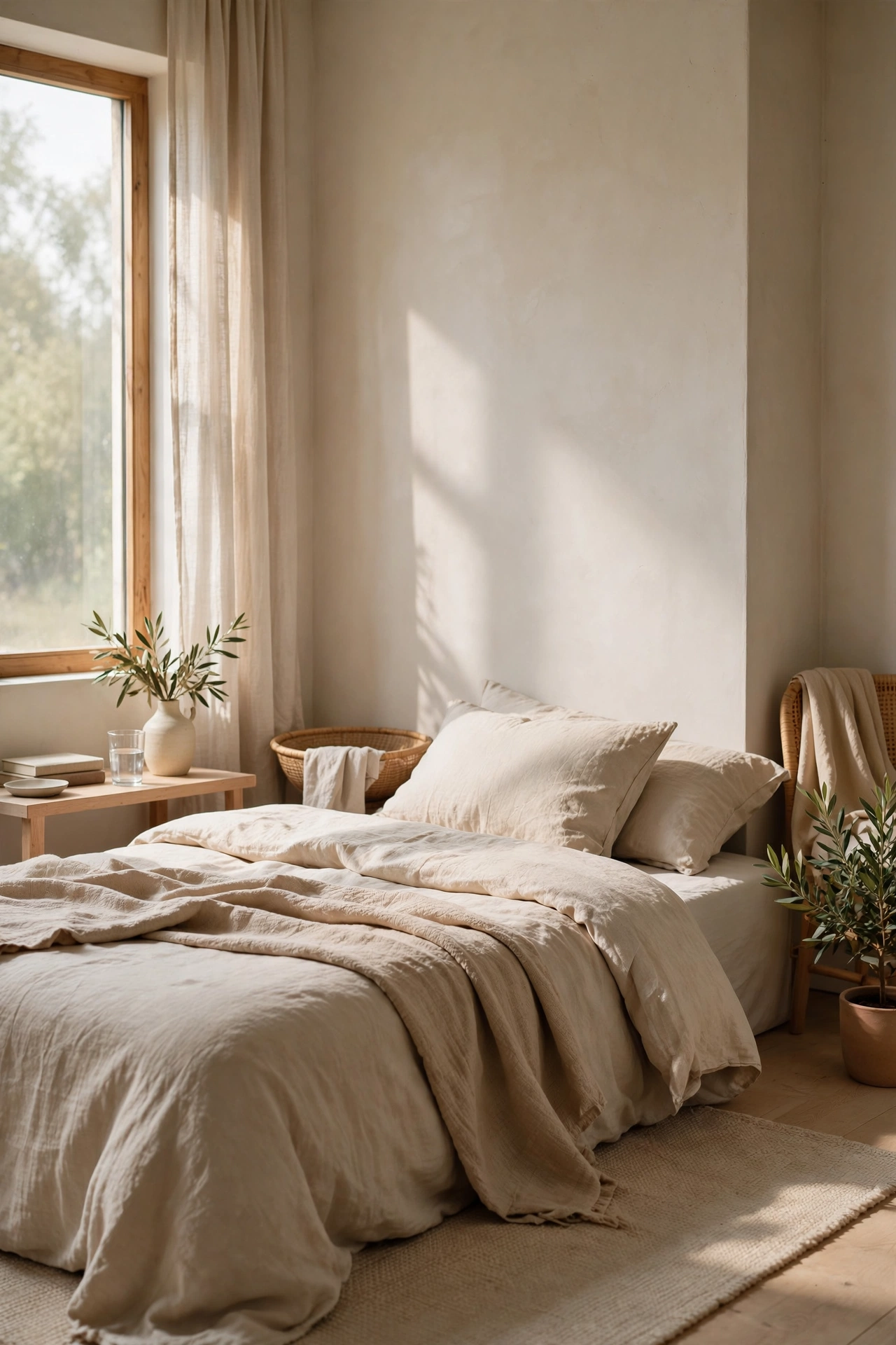 Bedroom with clear styled nightstand and dresser surfaces