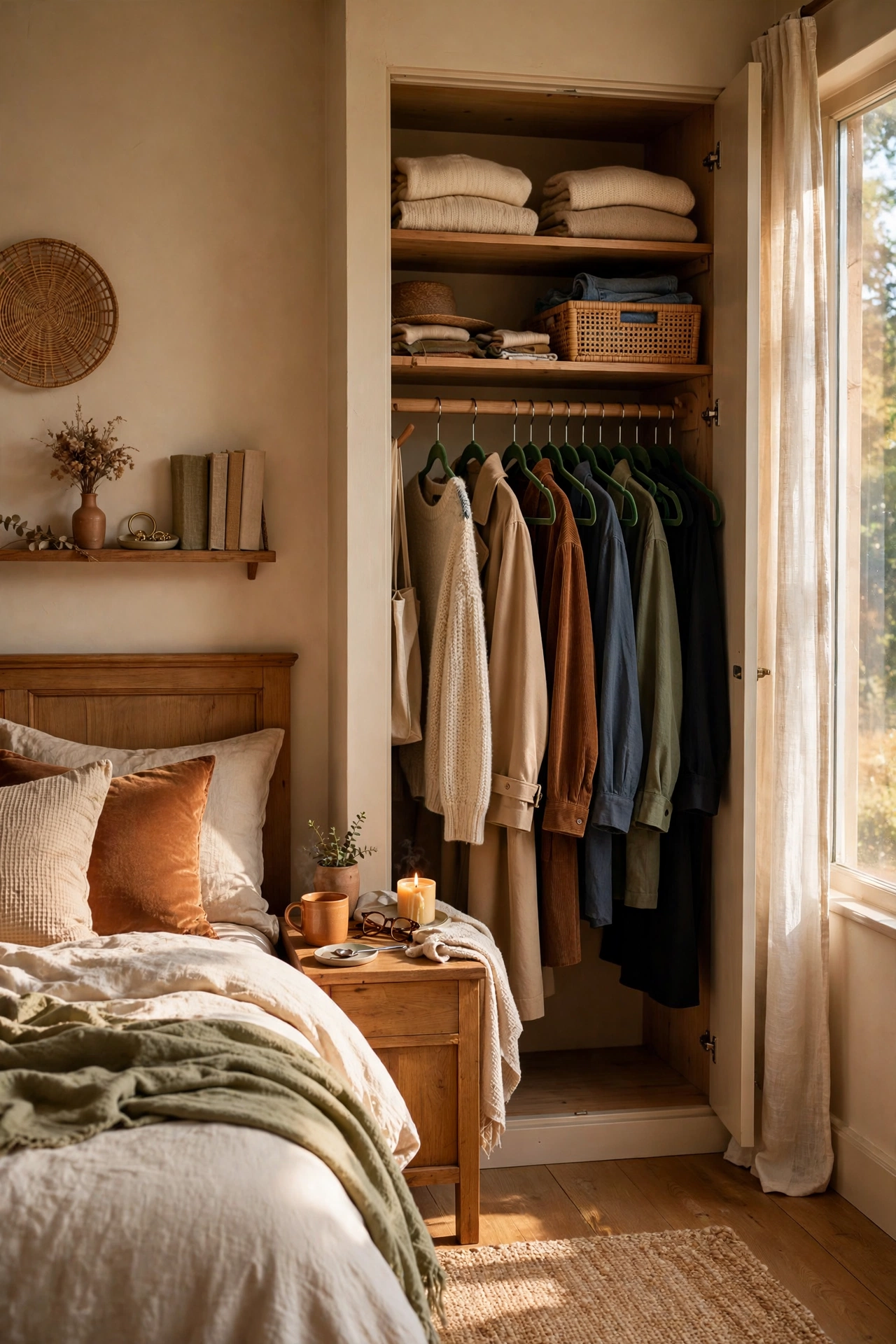 Open closet with matching slim velvet hangers