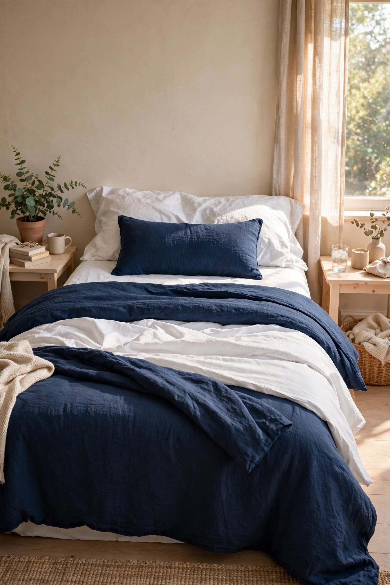 Navy and white layered bedding with a folded-back duvet on a calm bed