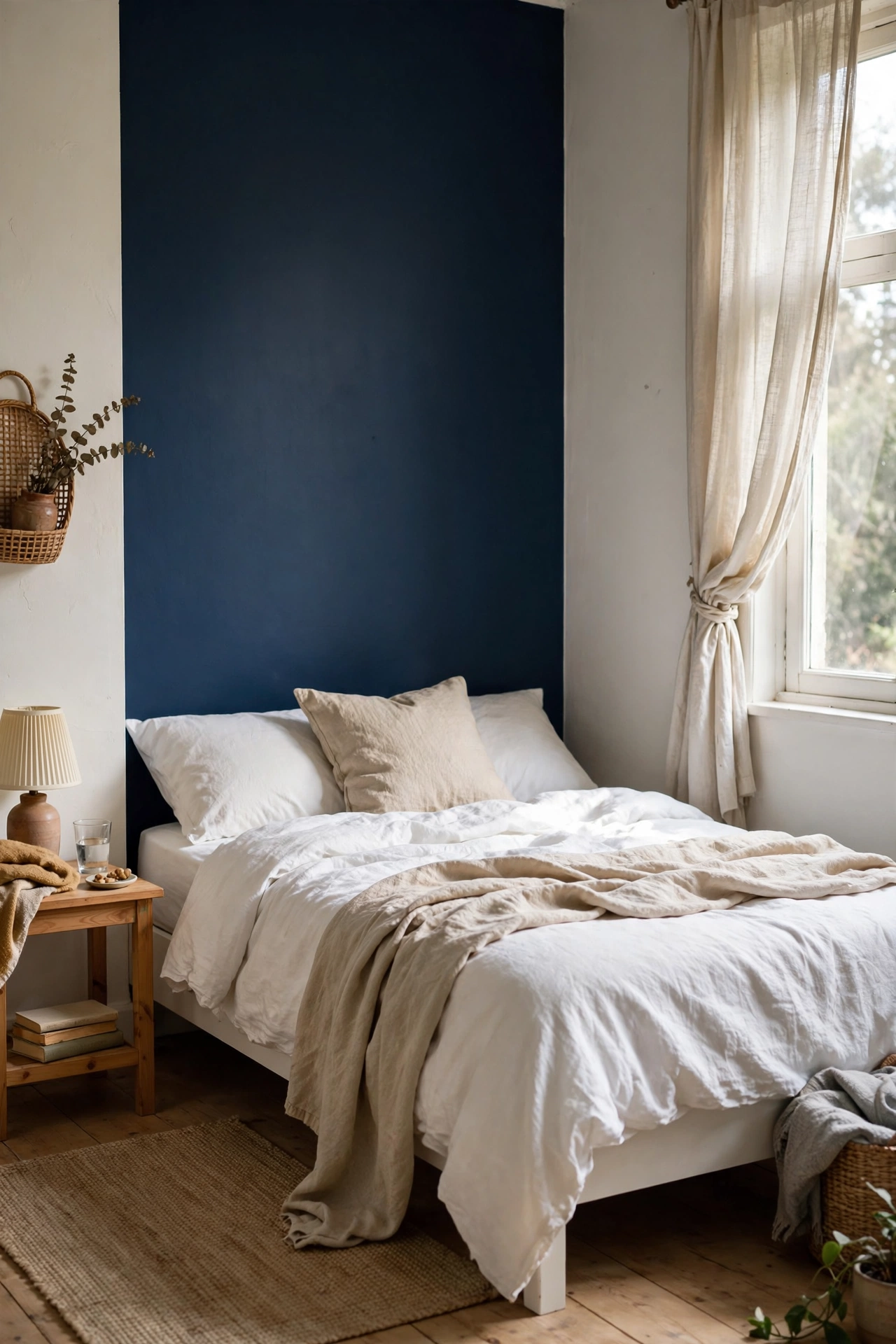Bedroom with one deep navy accent wall behind a white bed