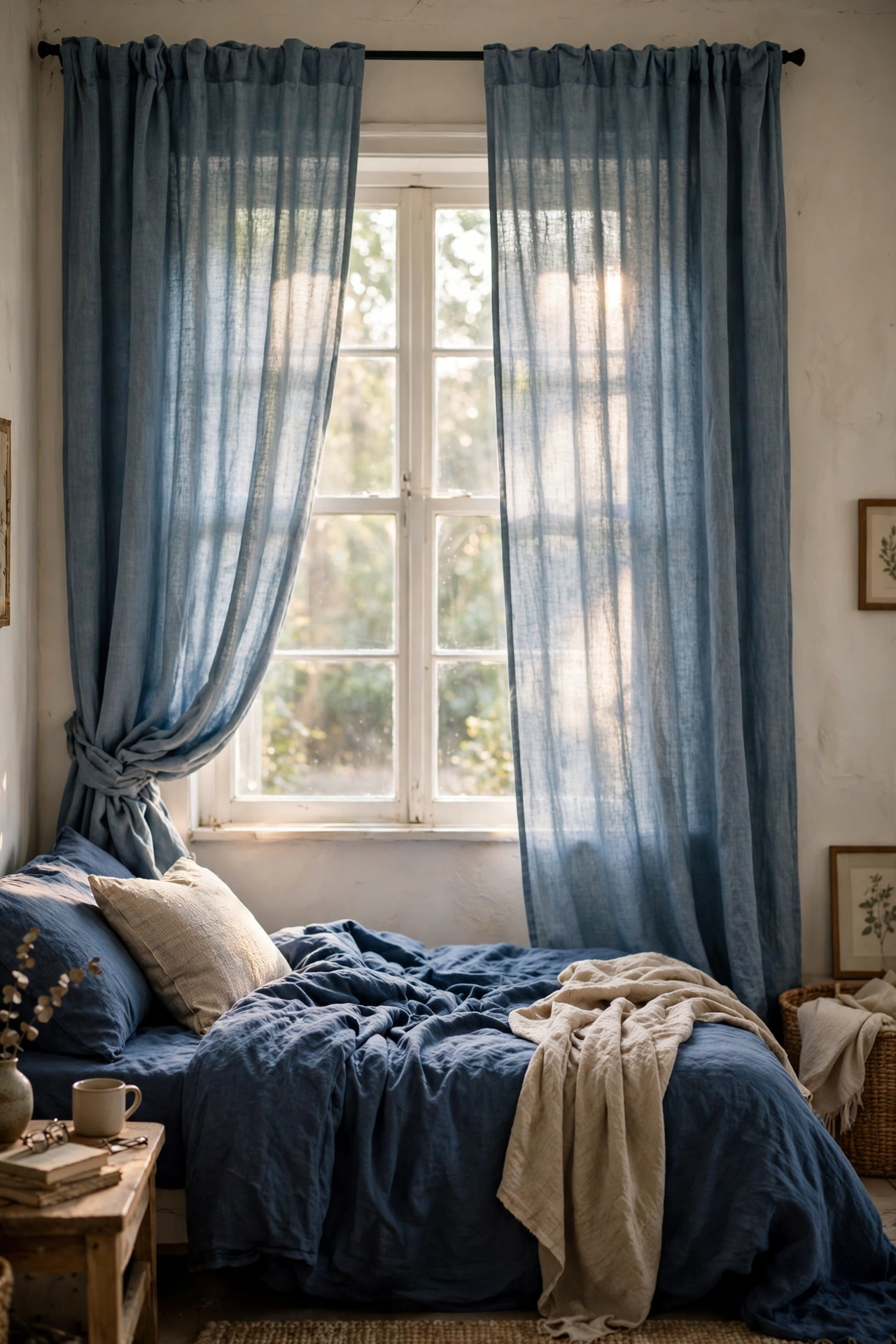 Soft chambray blue linen curtains hung high on a bedroom window