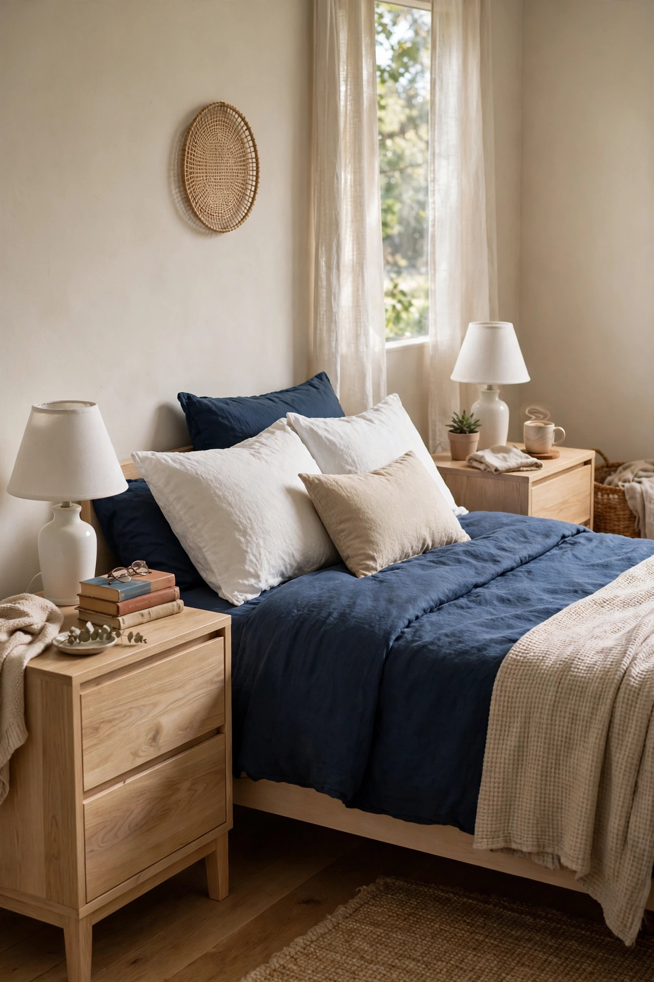 Pair of matching pale wood thrifted nightstands beside a navy bed
