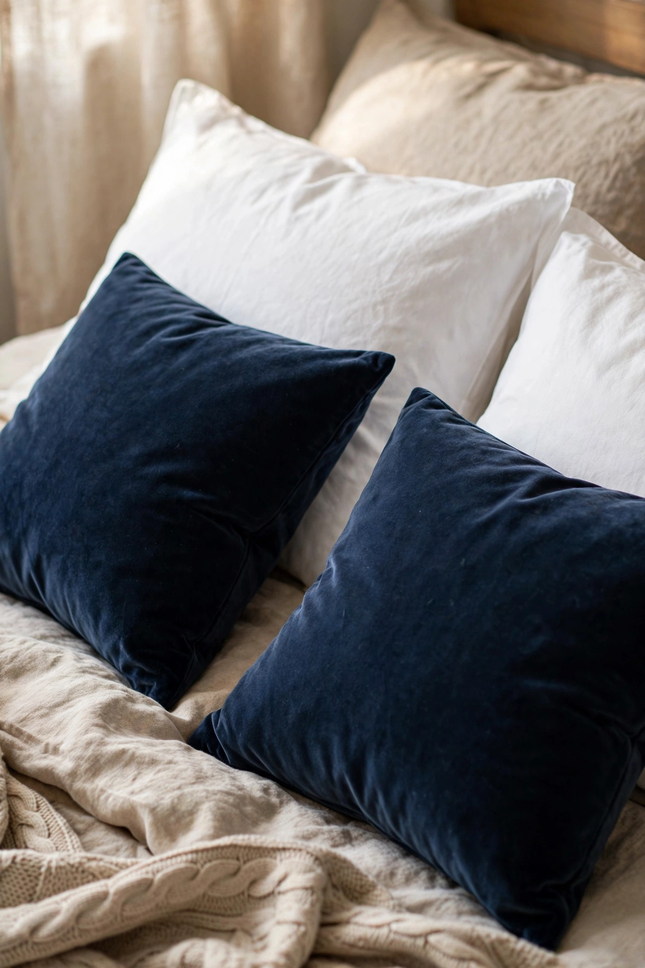 Two navy velvet cushions against white pillows on a styled bed