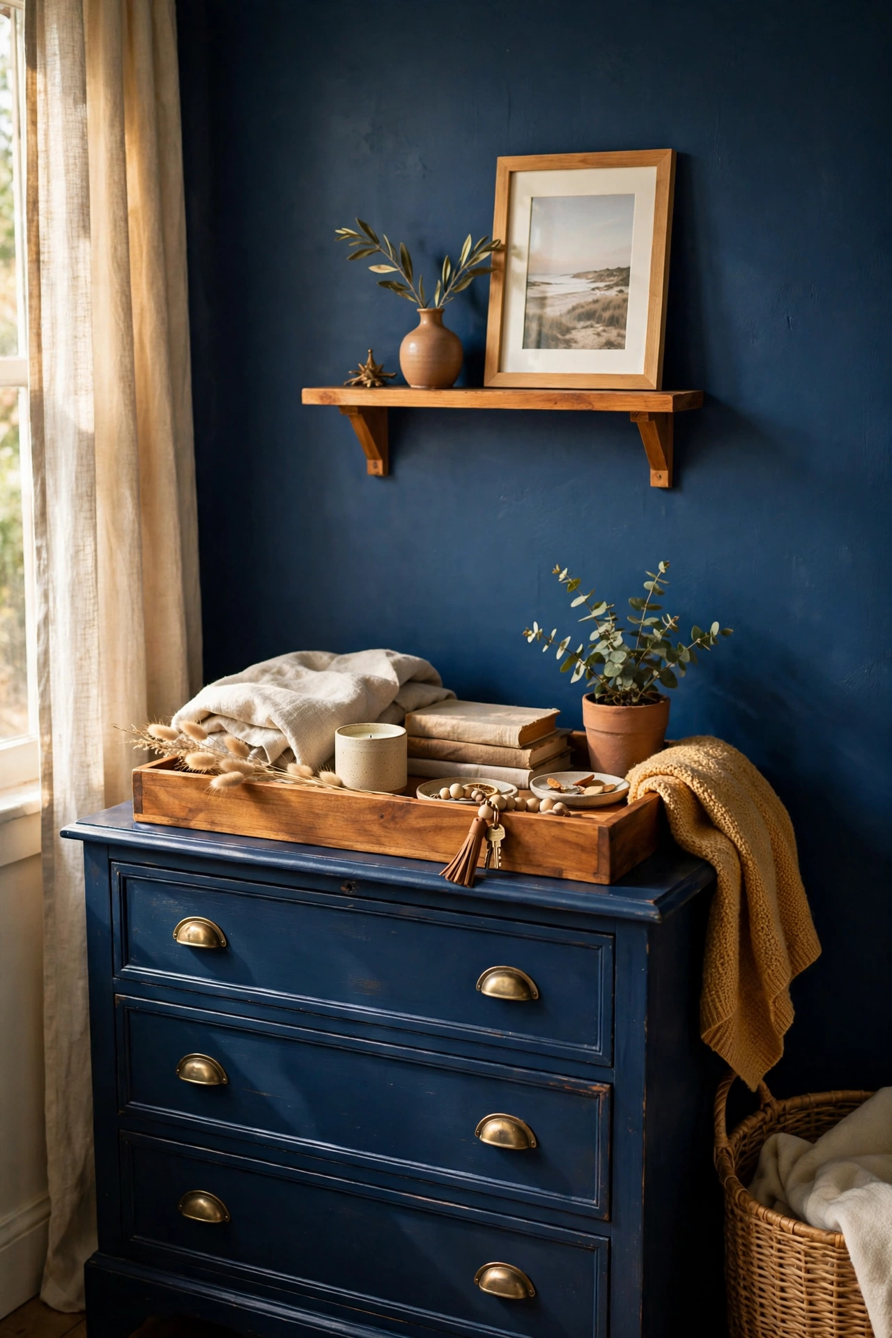 Honey-toned wooden tray and picture ledge on a dresser in a navy bedroom