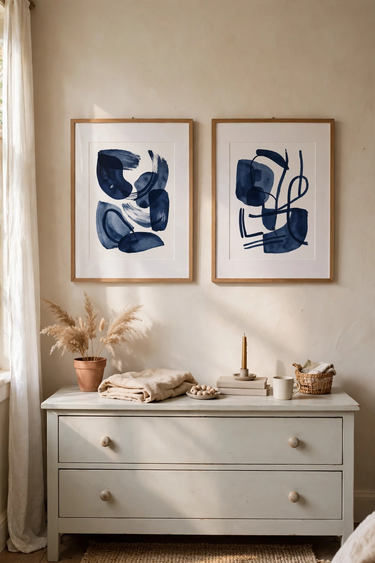 Pair of navy abstract art prints in simple frames above a dresser