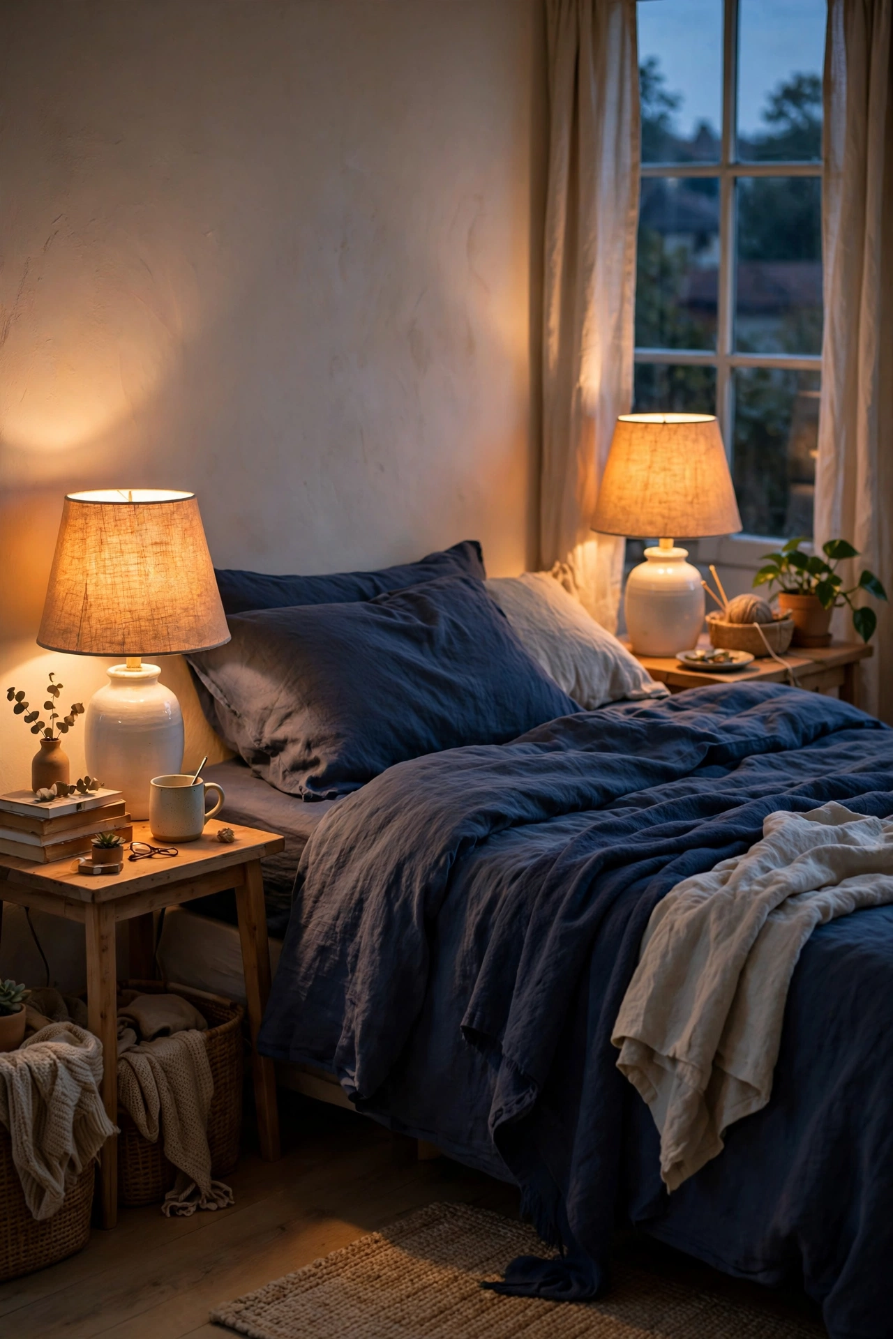 White ceramic bedside lamps with linen shades glowing warmly