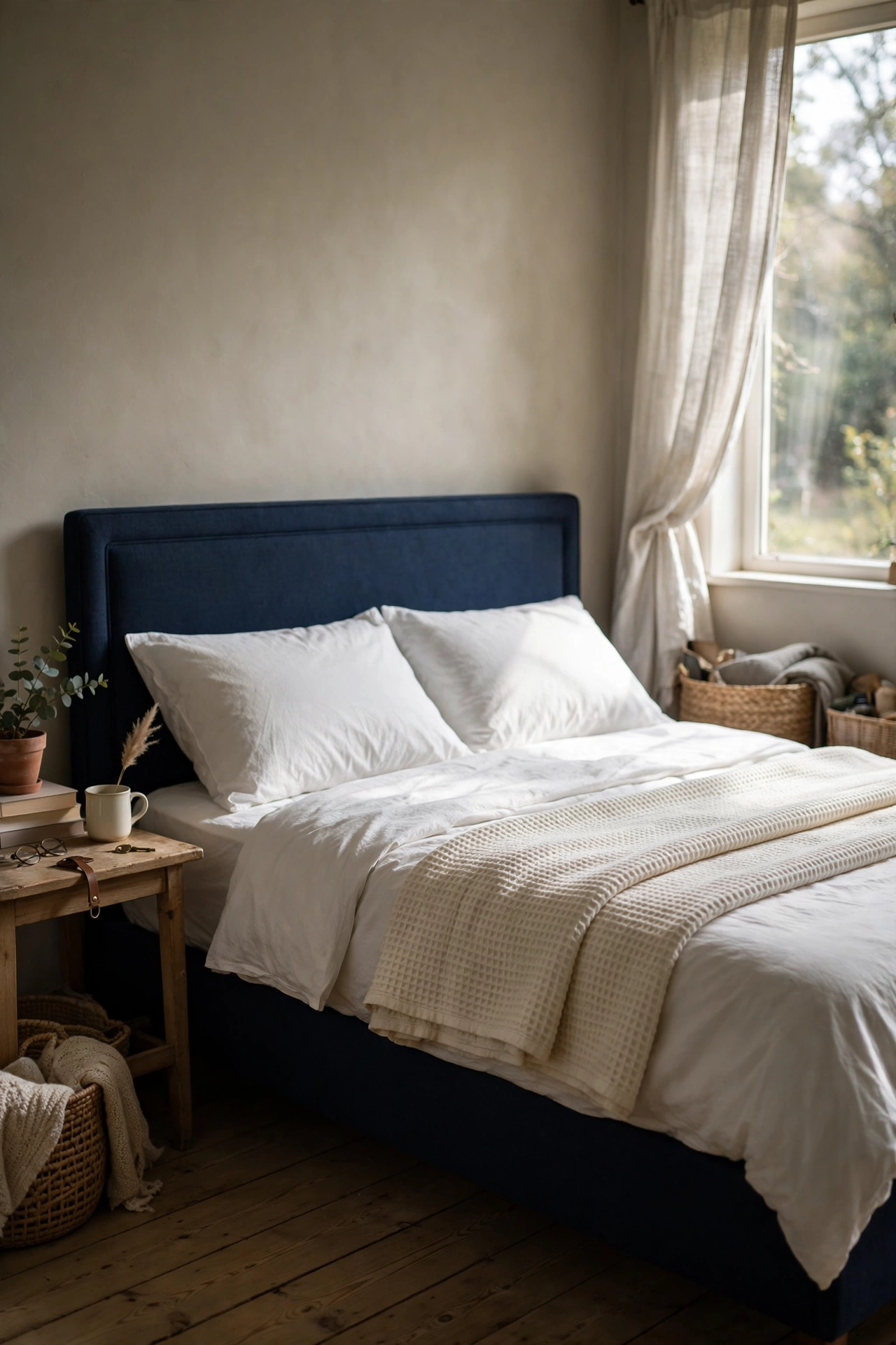 Cream waffle-weave throw folded across the foot of a navy bed