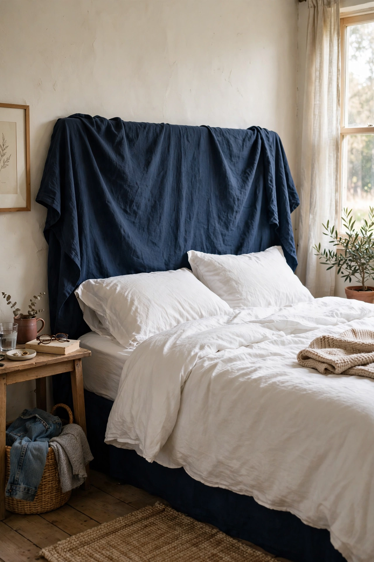 Deep blue linen slipcover over a headboard behind white bedding
