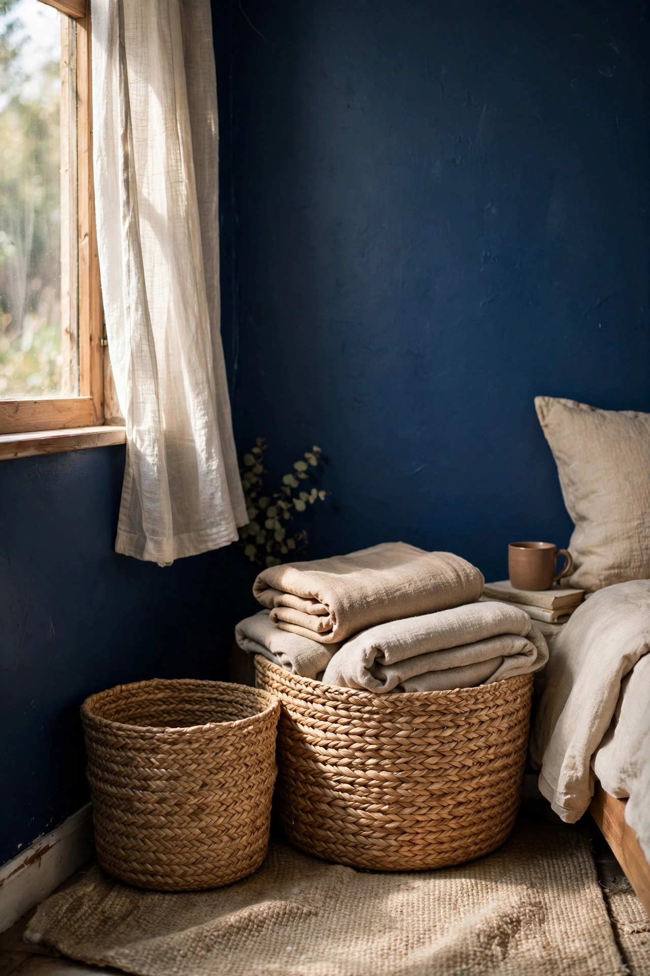 Natural seagrass baskets holding throws in a navy bedroom corner