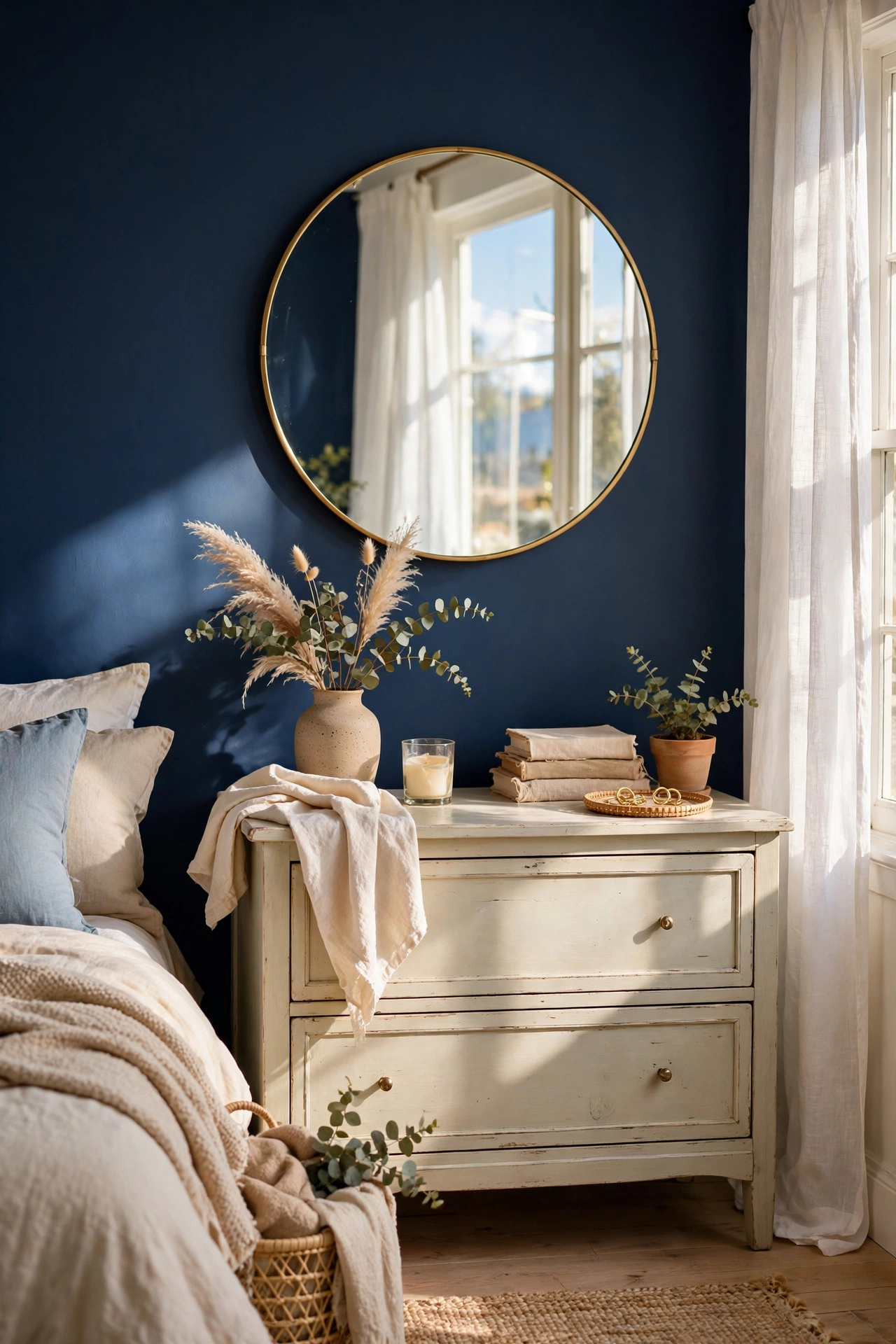 Round mirror with thin brass frame above a dresser reflecting window light