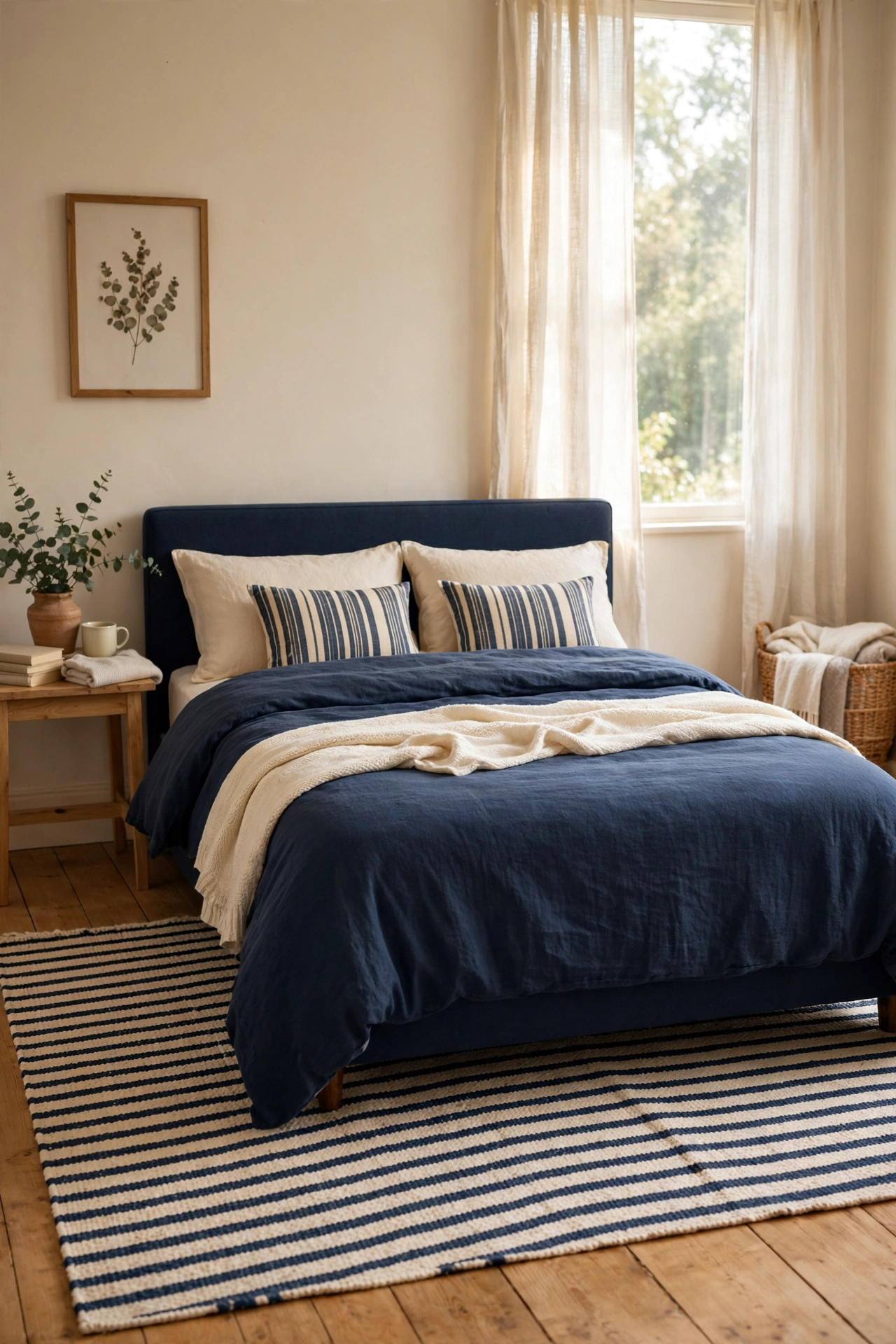 Navy and cream striped flat-weave rug under a bed in a calm bedroom