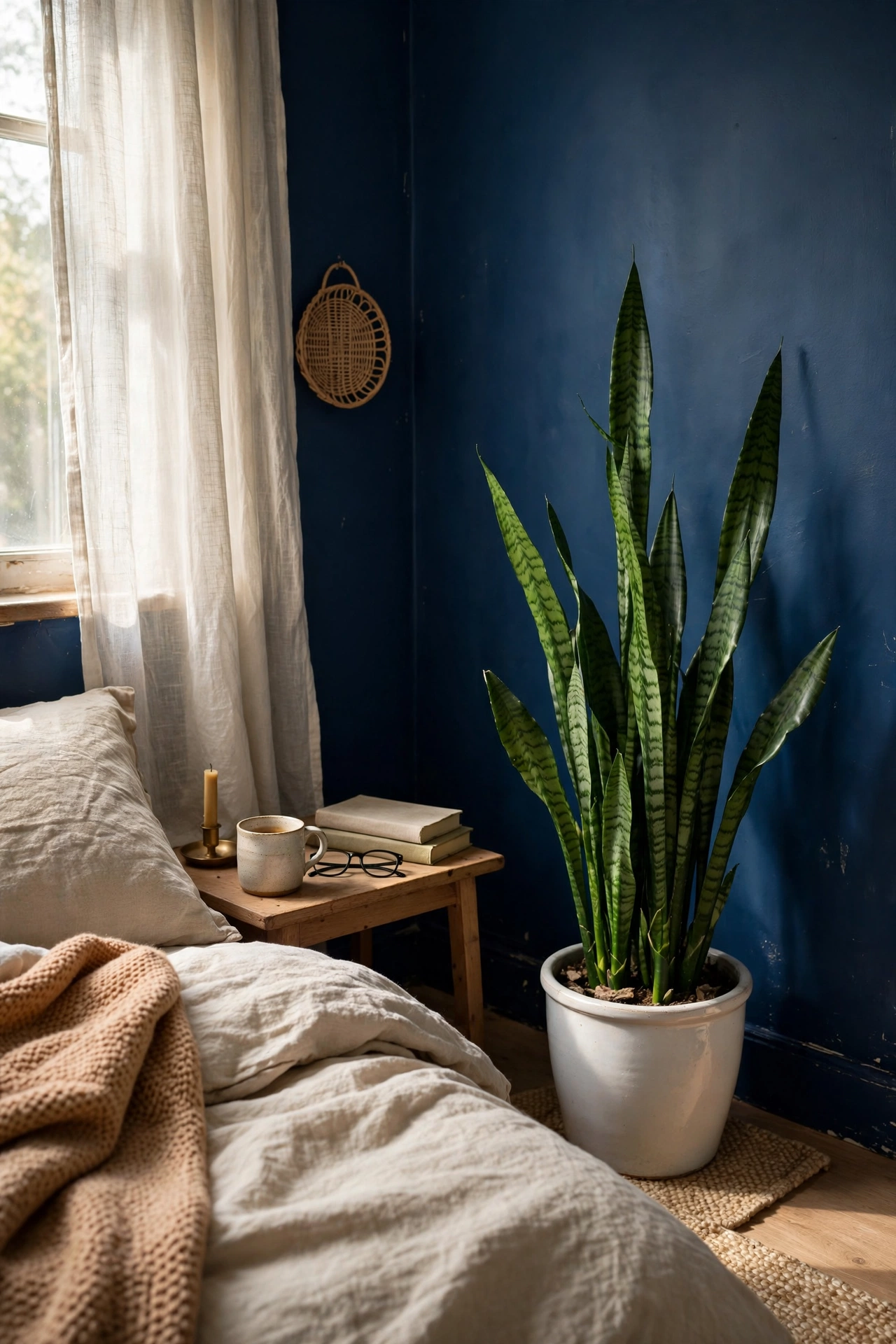 Snake plant in a white ceramic pot in the corner of a navy bedroom
