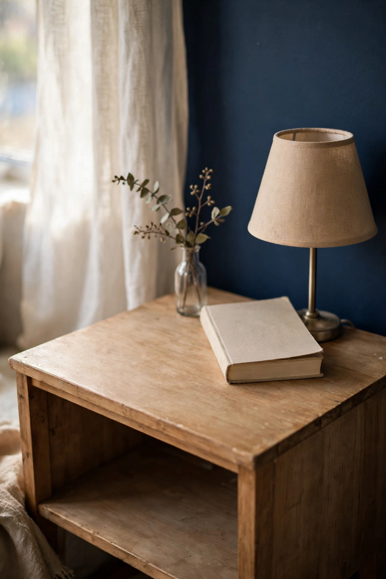 Nearly clear nightstand with just a lamp, book and bud vase in a navy bedroom