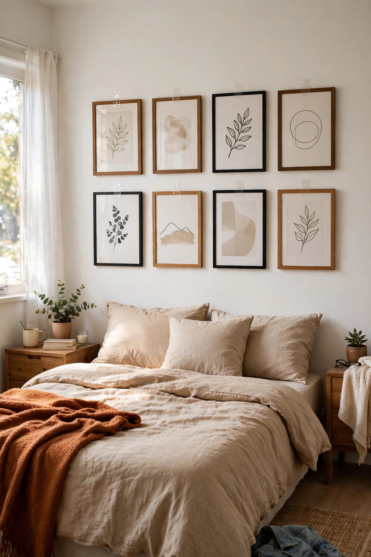 Gallery wall of frames hung with command strips above a rental bed