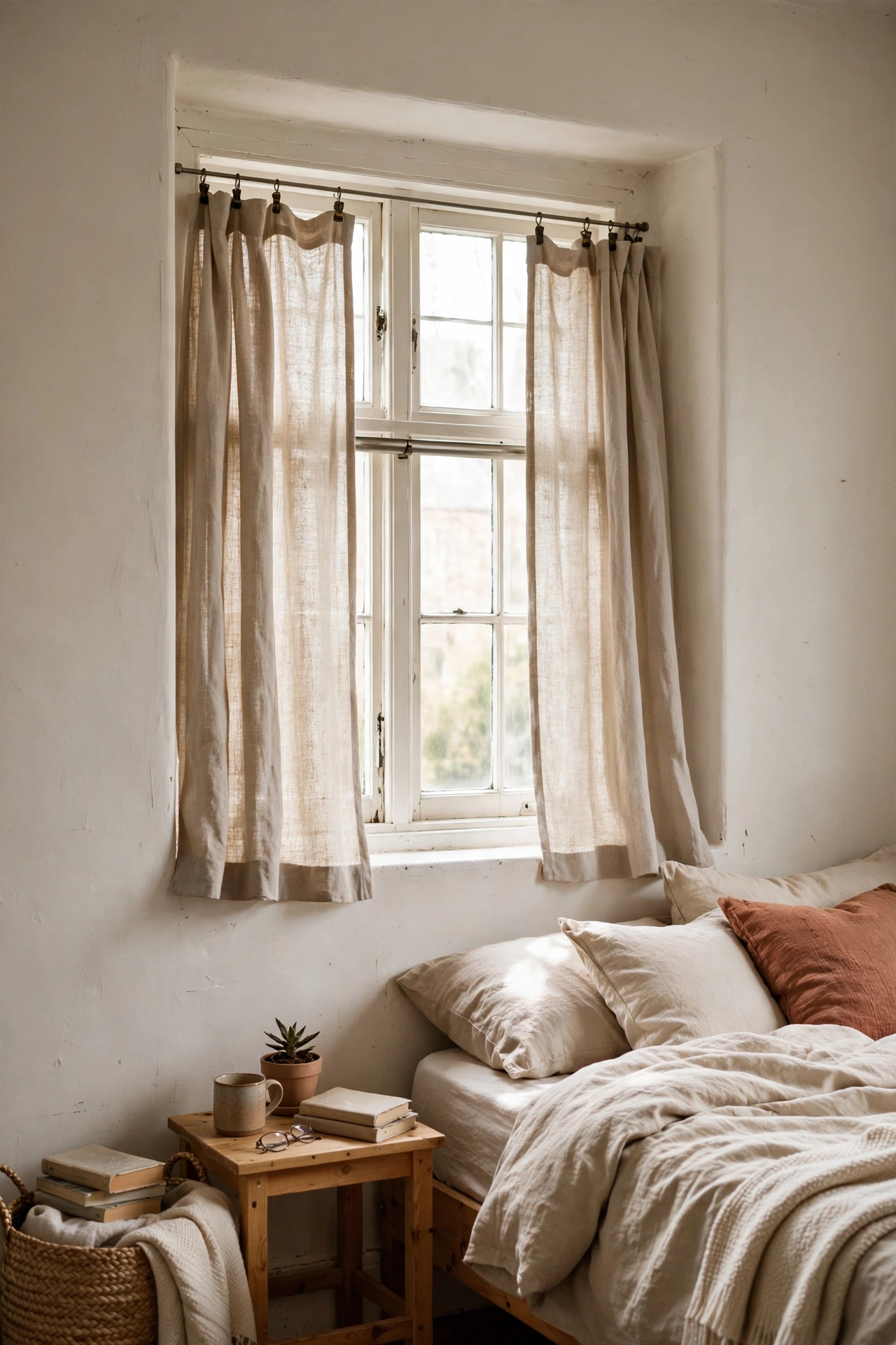 Linen curtain panels hung on a tension rod inside a window recess