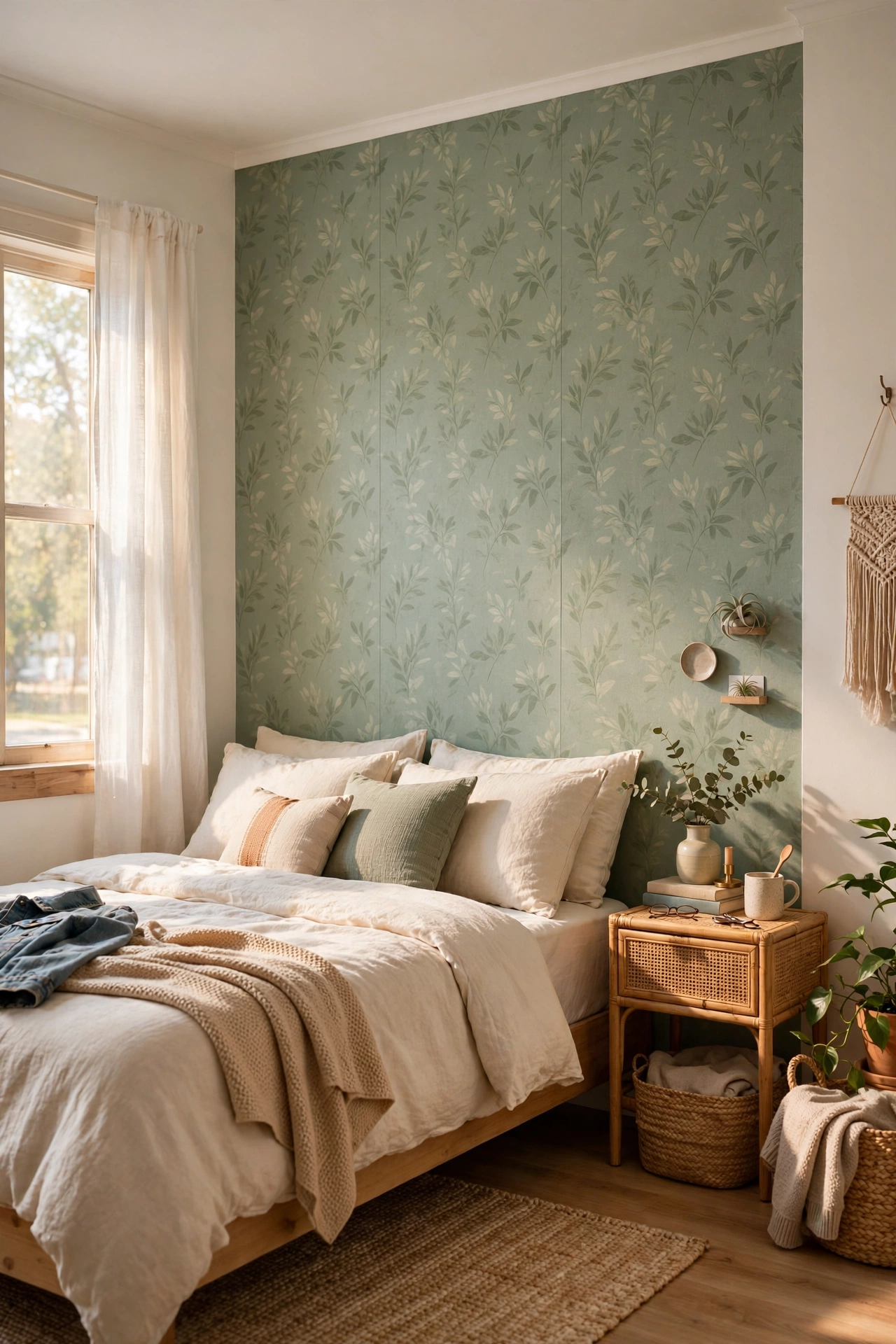 Soft sage peel-and-stick wallpaper accent wall behind a rental bed