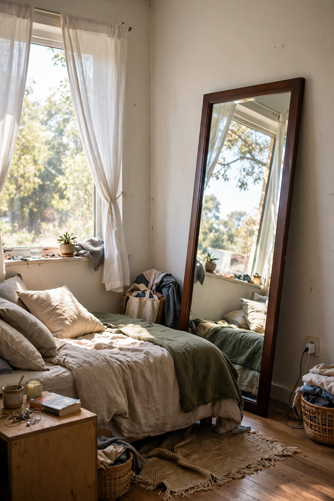 Freestanding full-length mirror leaning against a rental bedroom wall