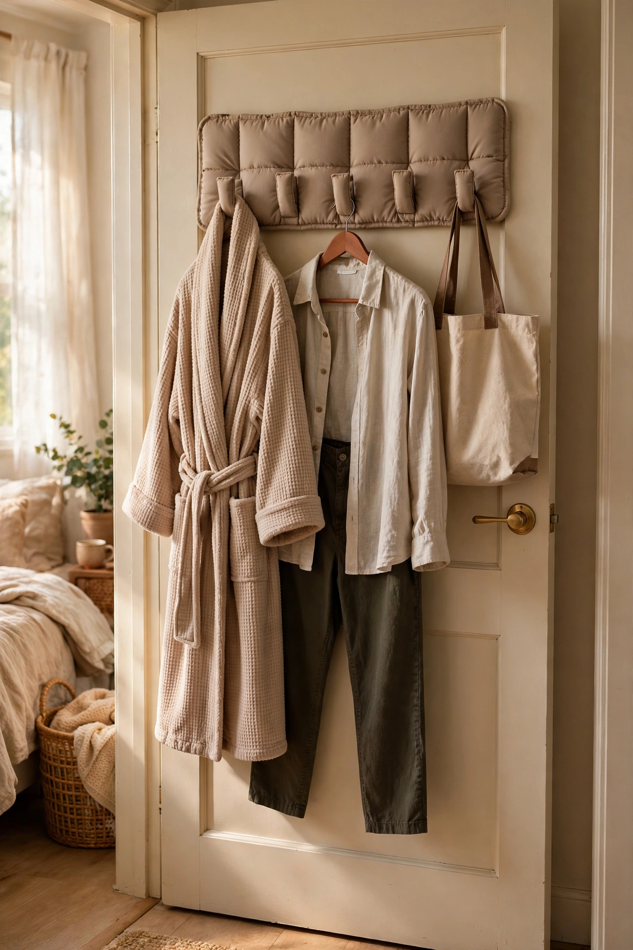 Over-the-door hook rack holding a dressing gown and tote bag